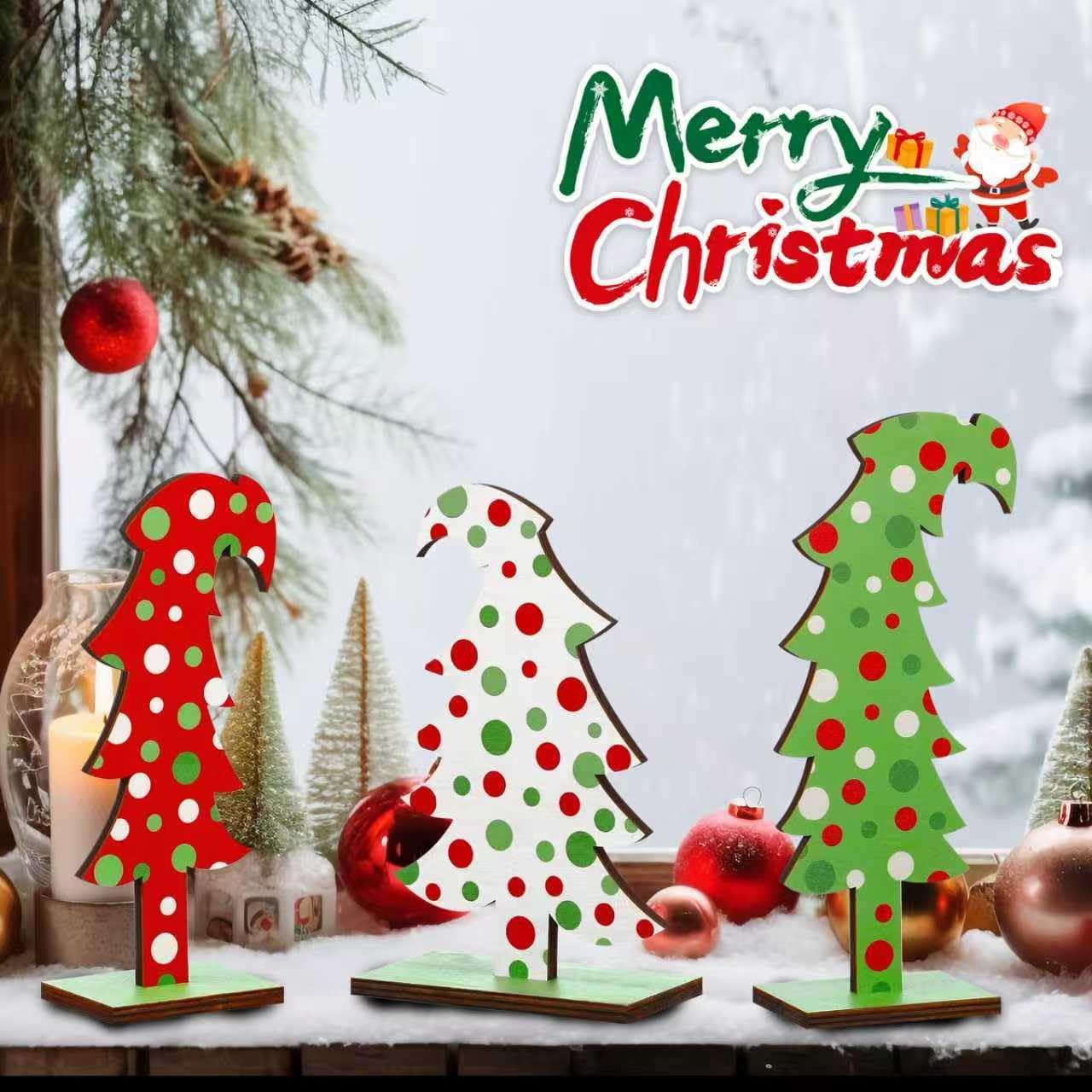 3 Pcs Wood Christmas Tree Tabletop, Lime Green Bendable Mini Christmas Tree Small Decor Farmhouse Standing with Base for Home Office Tabletop Decoration (Polka dot)