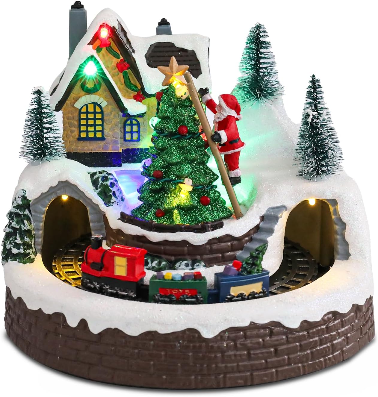 taman Christmas Village Houses Collectible Buildings - Moving Train Around The Christmas Tree,Warm Light Musical Christmas Ornaments for Christmas Holiday Decorations