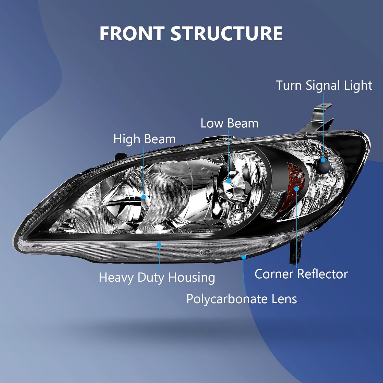 OCPTY Headlight Assembly Pair Replacement For 2004-2005 for Honda Civic Black Housing Amber Reflector Clear Lens Bulbs Not Included