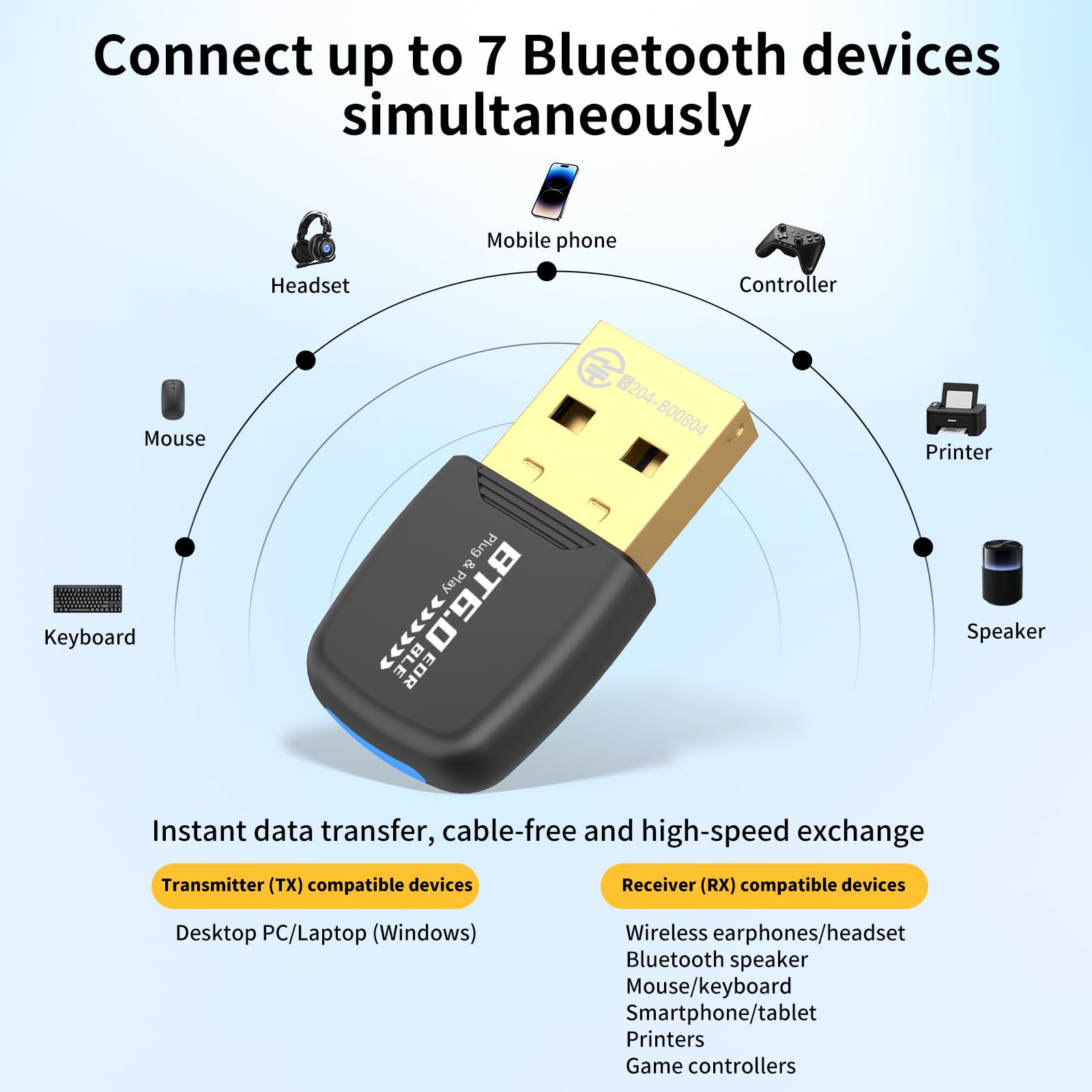 Adaptateur Bluetooth USB 6.0 EDR & BLE pour PC Design compact Plug & Play Compatible avec Windows 8.1/10/11 Récepteur Bluetooth et émetteur pour clavier/souris/casque/haut-parleurs/imprimante