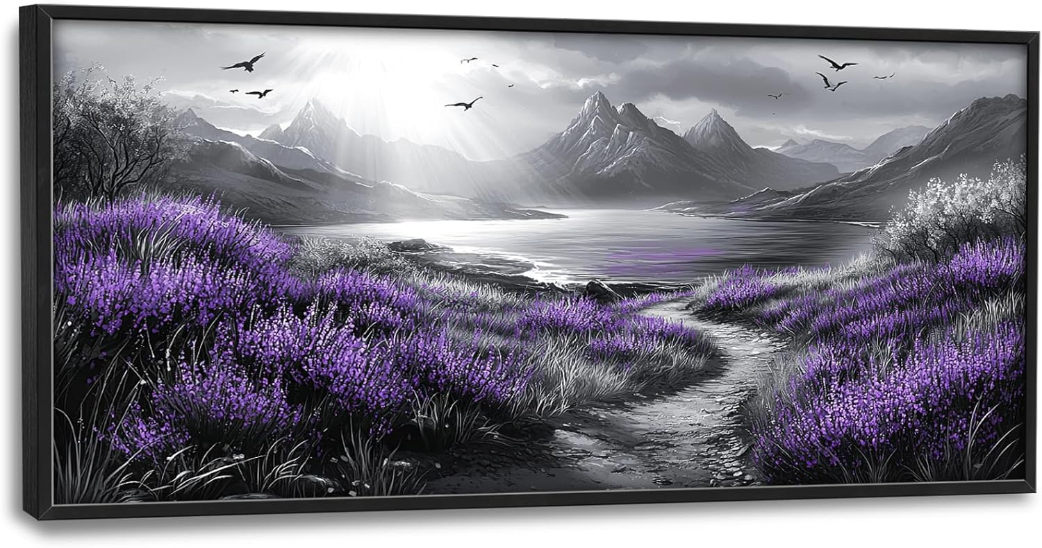 Olivine Large Wall Art, Landscape Pictures Wall Decor, Black And White Mountain Painting, Purple Nature Scenery Canvas Prints, Framed Artwork for Living Room Bedroom Bathroom Office Home 60"x30" Purple Landscape 60" X 30"