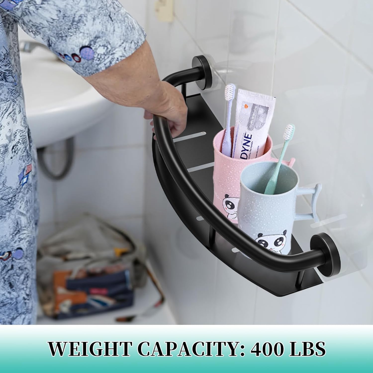 Black 18-inch Safety Grab Bar with Storage Shelf for Bathtub or Shower, Drainage Holes, Stainless Steel, Wall Mounted Grab Bars for Elderly Injured Balance Support