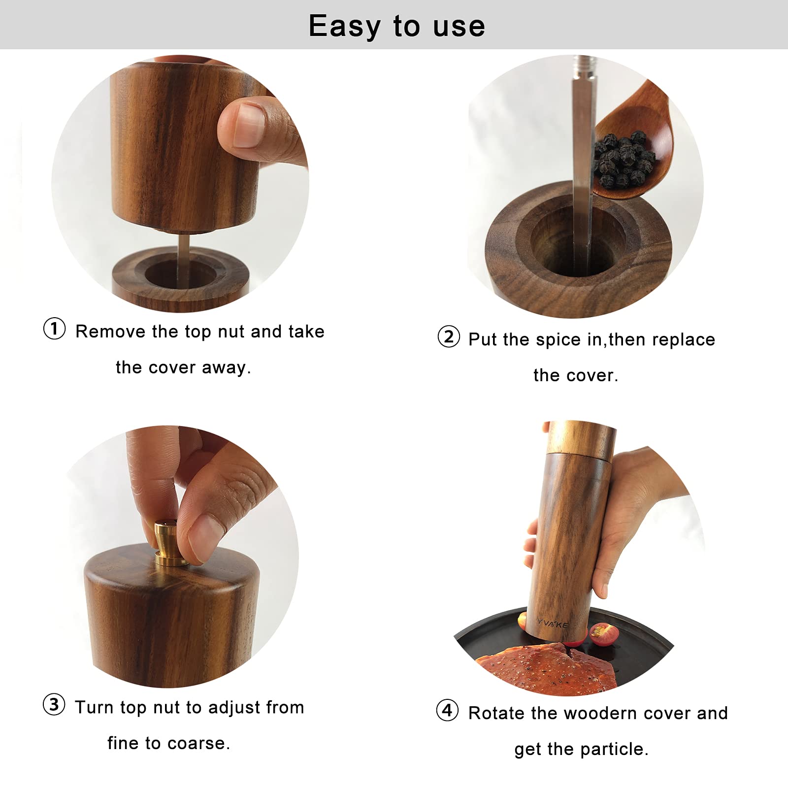 YVAKE Wooden Salt and Pepper Grinder Set,8 Inch Manual Acacia Wood Pepper Mill, Adjustable Coarseness and Refillable,Gift Set for Kitchen[Set of 2]