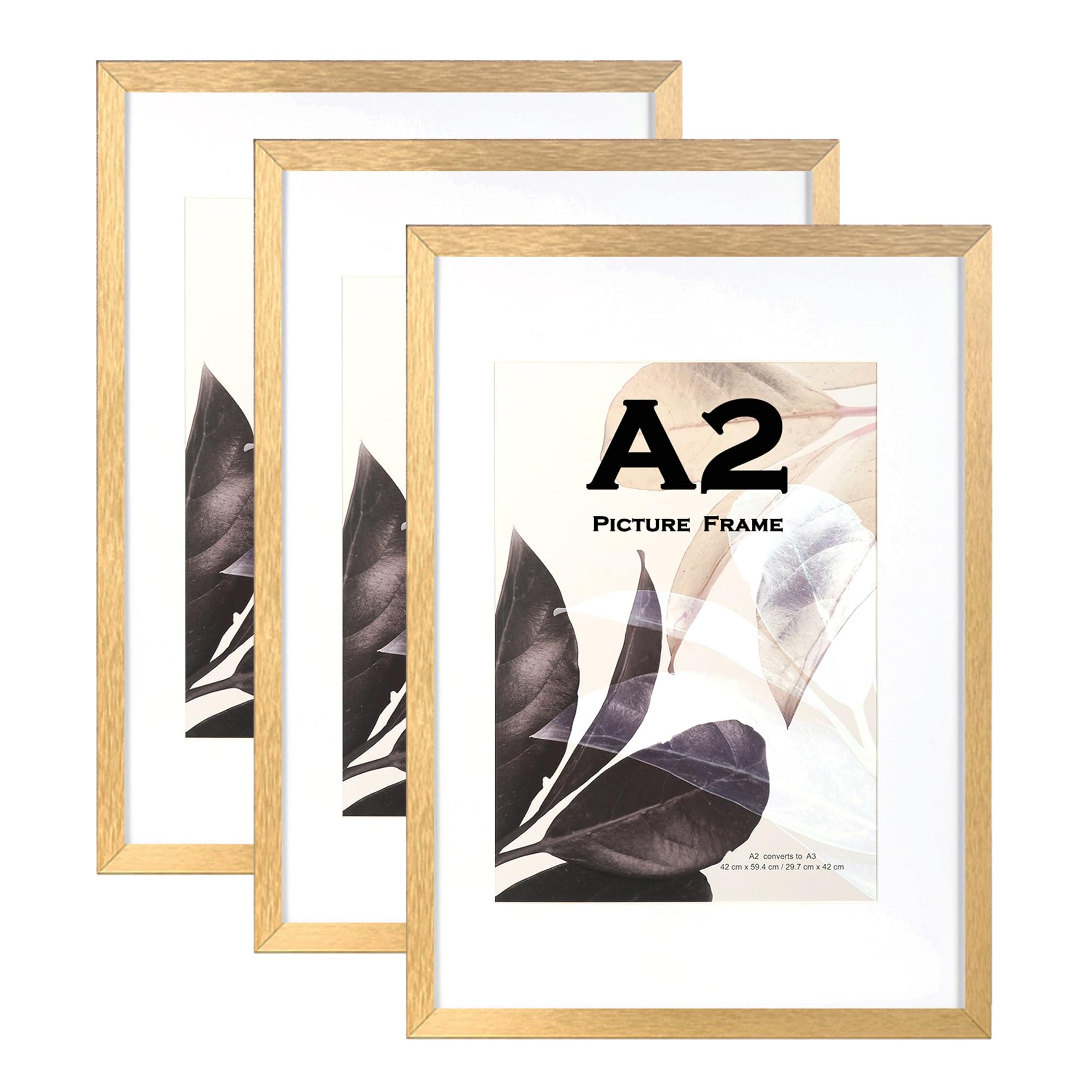 Gold Wooden Picture Frame A2(42x59.4cm) with Mat,Set of 3, Mount for A3 Picture or Certificate,Wall Mountable