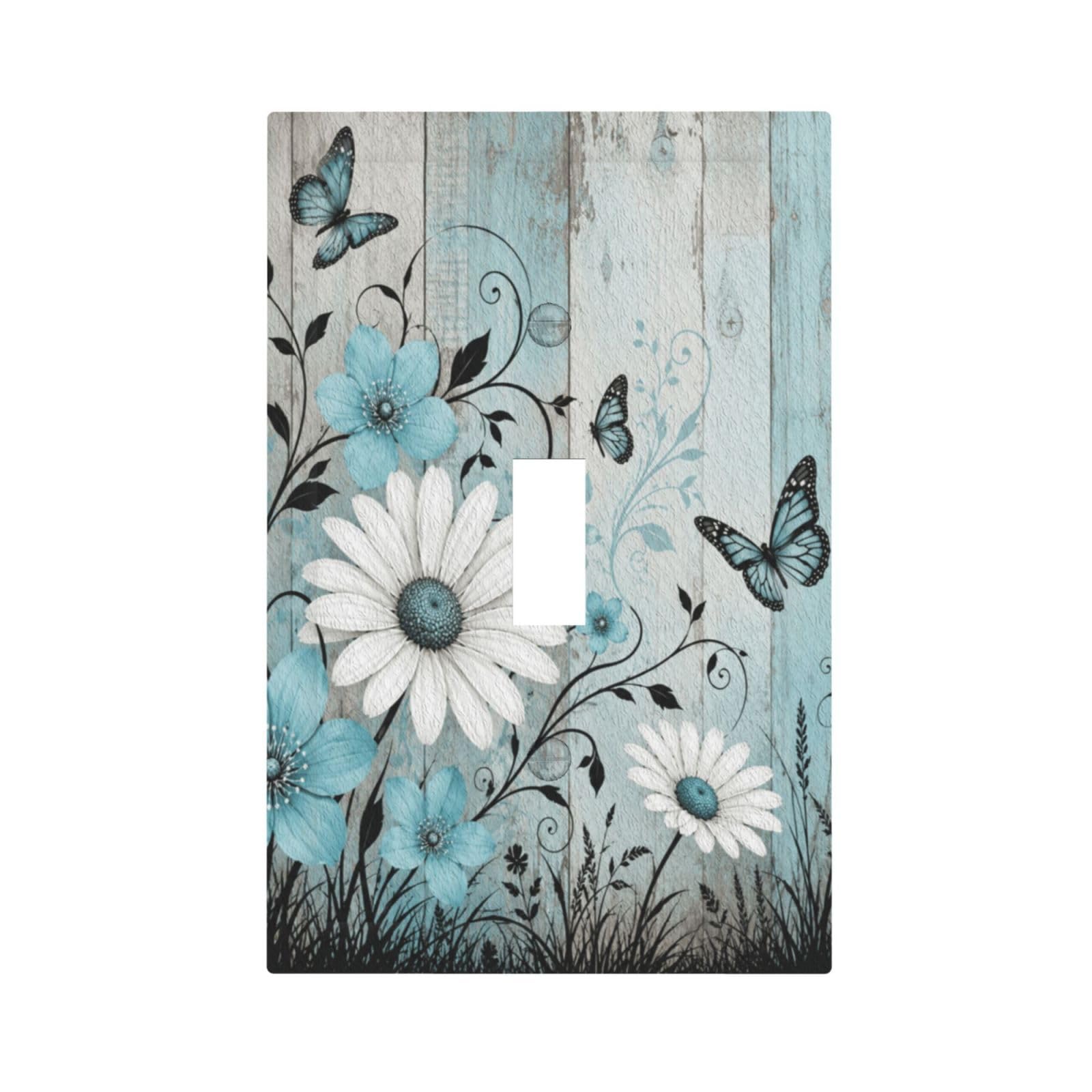 Dwbguo Turquoise Floral Decorative Light Switch Plate Covers Rustic Turquoise Daisy Butterfly 1 Gang Wall Plate Unique Single Toggle Vintage Wood Grain Floral Light Switch Covers Artistic Faceplate For Bedroom Home