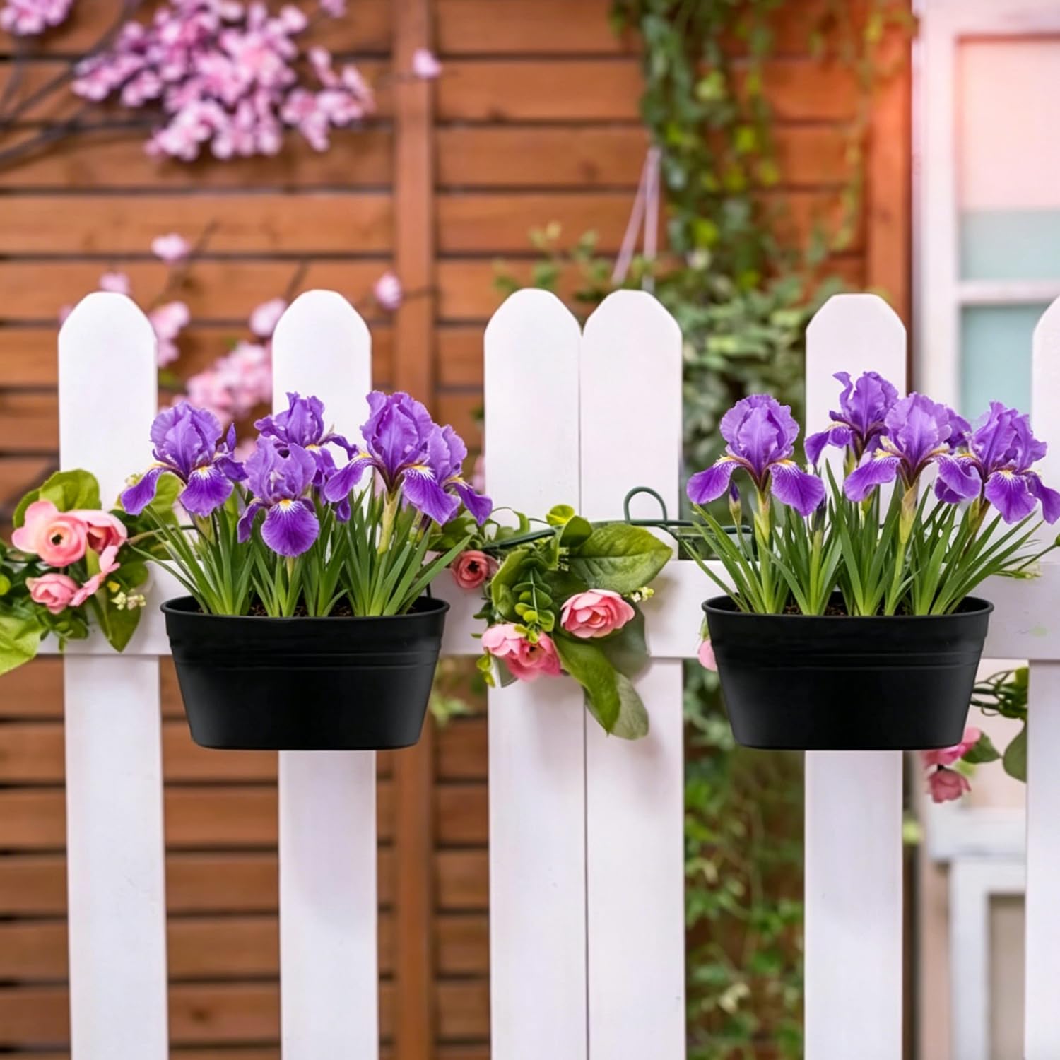 4 szt. Metalowe wiszące donice, 28 cm czarna metalowa doniczka wisząca, wisząca doniczka z odpinanymi haczykami, idealna na balkon, ogrod, do ogrodu i ścian (czarny)