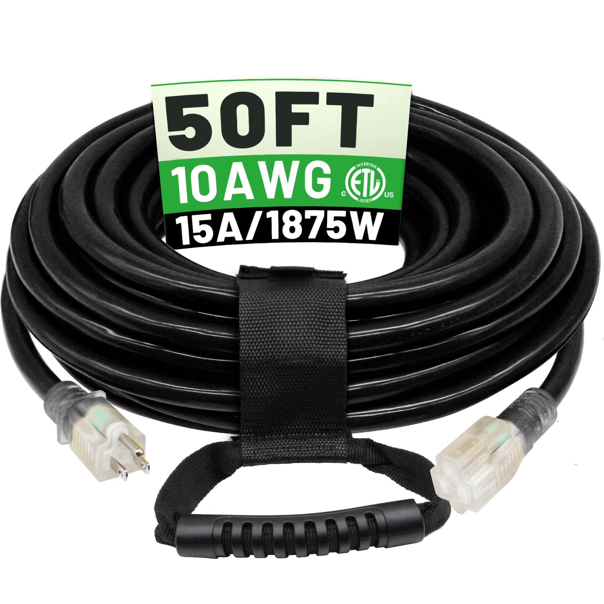 powgrn 50 ft 10awg black outdoor extension cord waterproof heavy duty 10 gauge 3 prong, flexible cold-resistant long power cord outside with lighted indicator end, 15amp 1875w sjtw etl listed