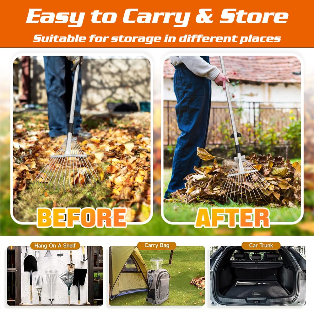 Rastrello da giardino con barra in metallo regolabile da 2,15 m e guanti, rastrello per foglie, rastrello per prato, per pulire piante, prato e cortile