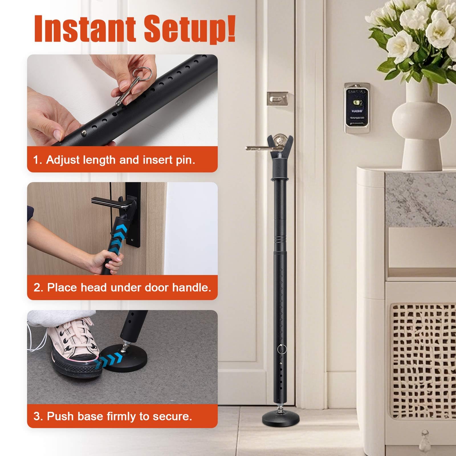 Barra de seguridad para puerta, base antideslizante mejorada, tope de puerta antirrobo resistente, tope de seguridad ajustable de 28 a 52 pulgadas, para puerta delantera, patio, ventana corrediza de