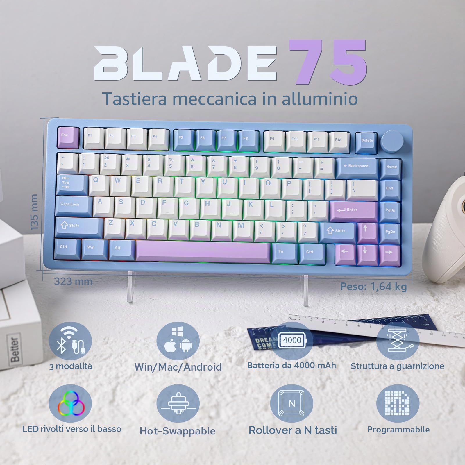 MechLands Blade75 Tastiera meccanica da gioco wireless in alluminio, BT5.0/2.4GHz/USB-C, tastiera cremosa con batteria da 4000 mAh, manopola, retroilluminazione RGB, NKRO per Windows/Mac/Giochi