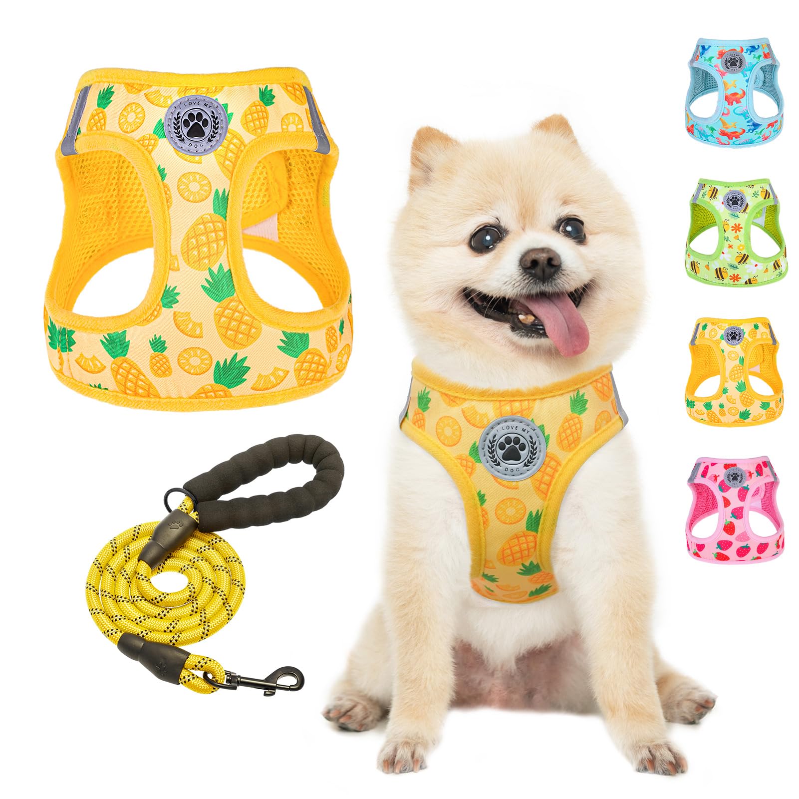 BEAUTYZOO Pineapple Pattern Dog Harness and Leash Set, Reflective, No-Pull, Machine Washable, Step-In Easy Use, Includes Leash, Medium (Chest Girth 16" - 18")