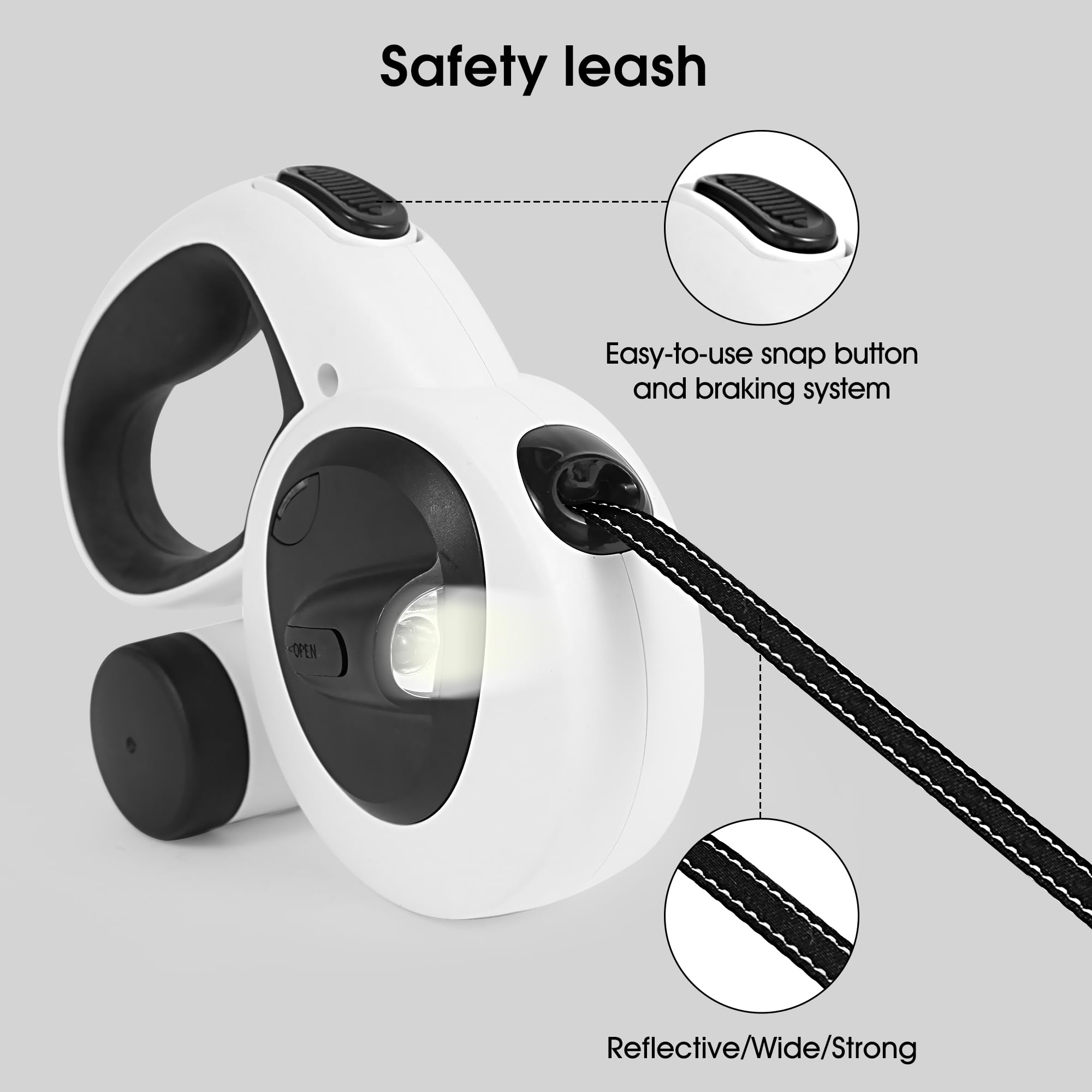 Laisse rétractable 4 en 1 pour chien de 5 m de long avec lumière LED et support pour sac à déjections canines pour chiens de petite, moyenne et grande taille (max 110 kg)