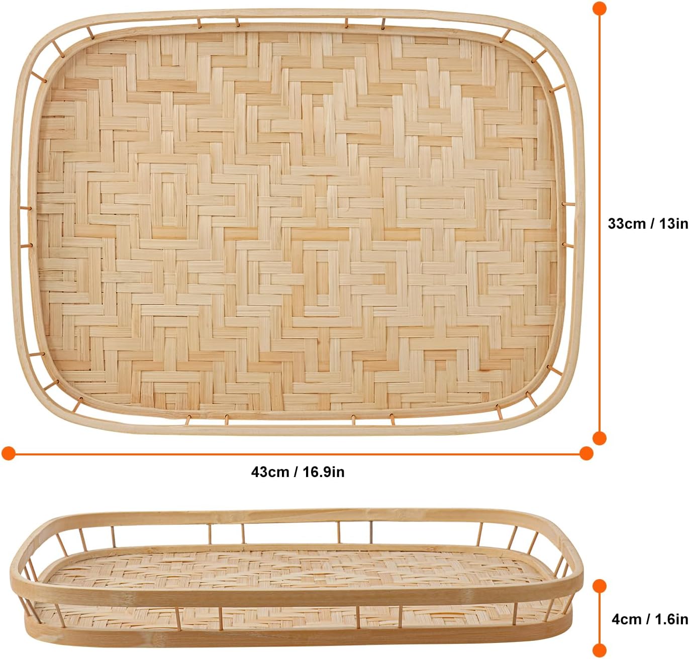 4 Pack Rectangular Bamboo Wicker Woven Tray with Handle, Bamboo Wicker Serving Trays for Eating, Kitchen, Table, Party