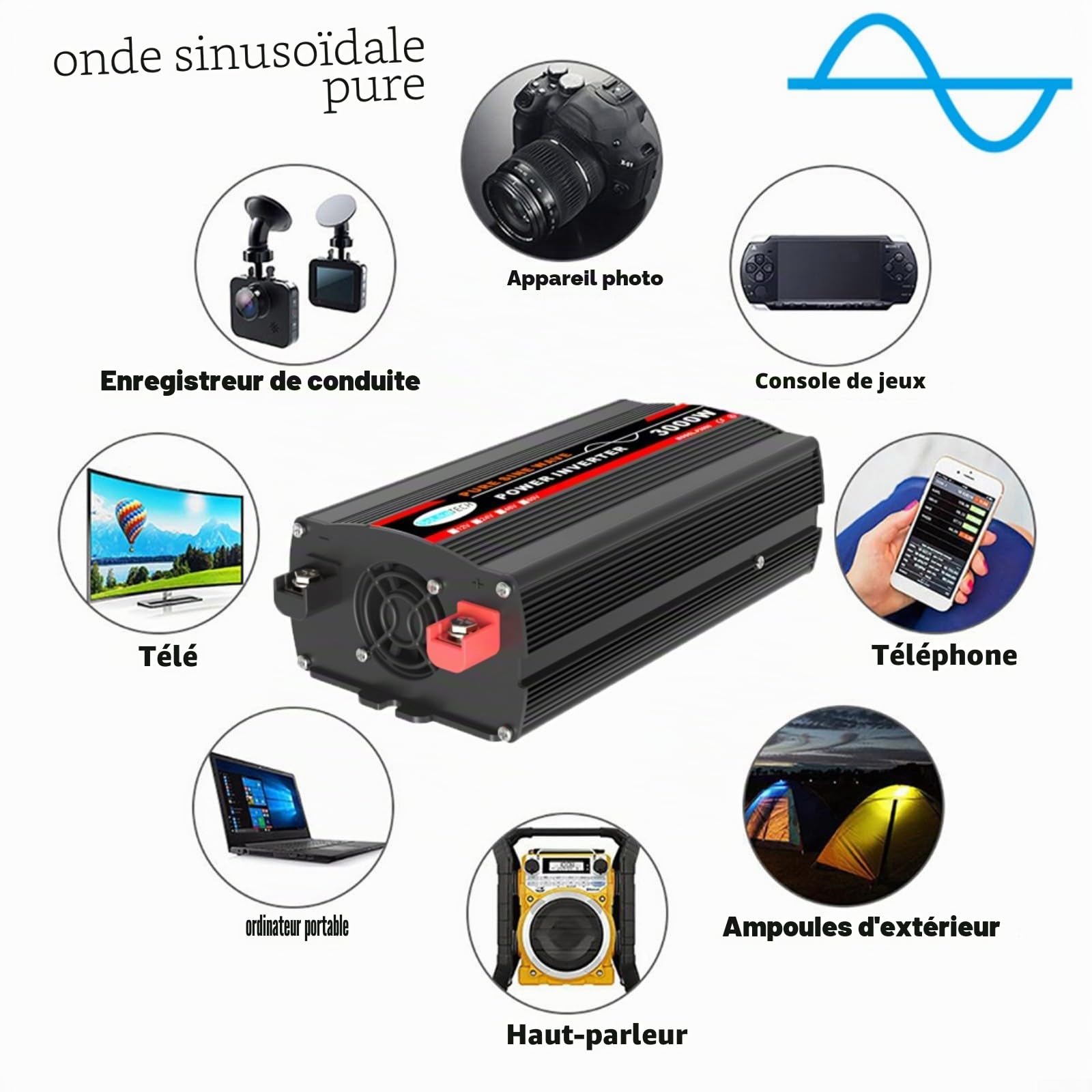 Onduleur sinusoïdal pur 3000 W, écran LCD, convertisseur de voiture, pour panneaux solaires, appareils ménagers (12 V à 220 V)
