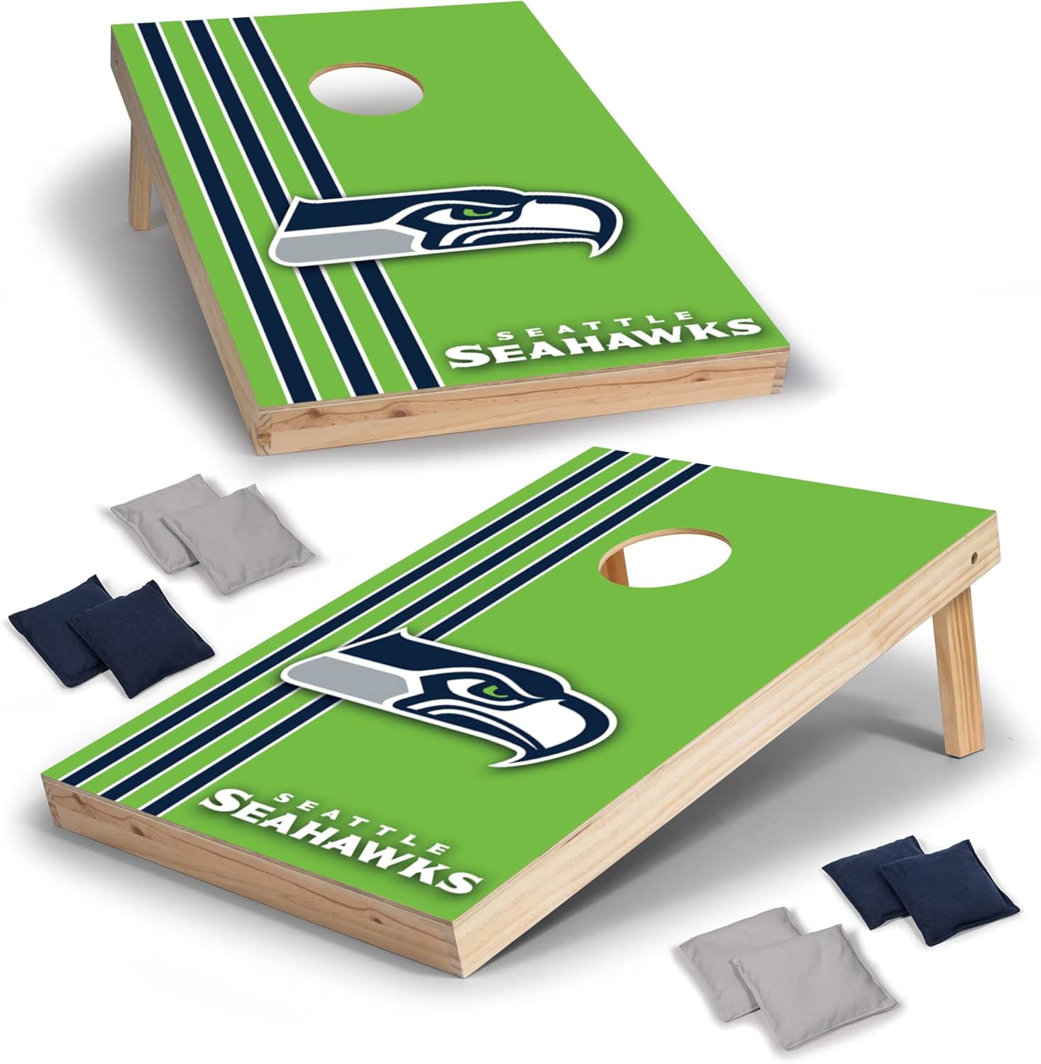 Wild Sports 2' x 3' Solid Wood Cornhole Set with Direct Print HD Team Graphics – Great Gift for Any Football Fan! Bean Bag Toss Family Outdoor Games – NFL Seattle Seahawks