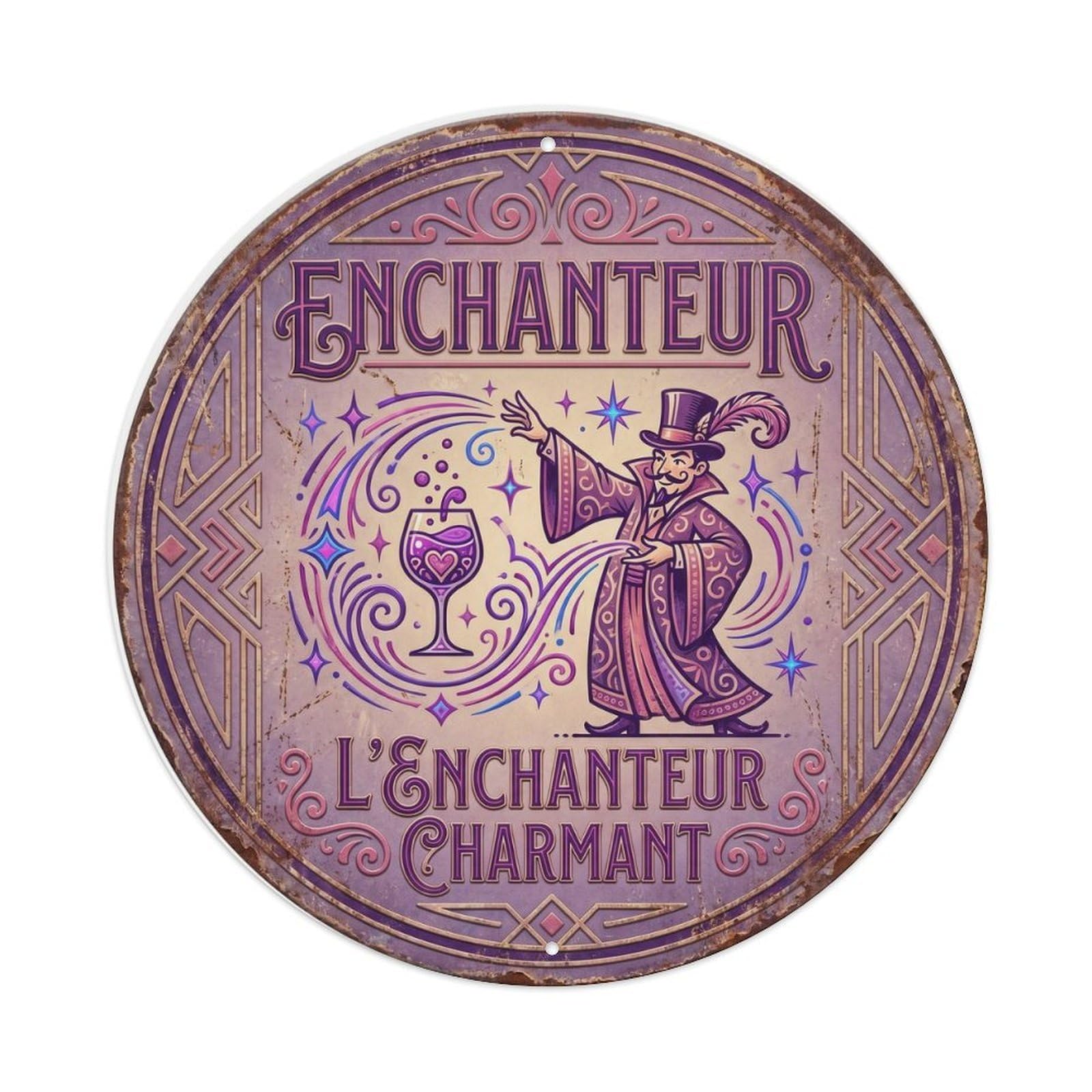Enchanter Humorous Lounge Enchanter Metal Tin Sign Plaque Wall Decor for Cafe, Club Bar, Office, Home Garden Round Metal Poster 8x8Inch