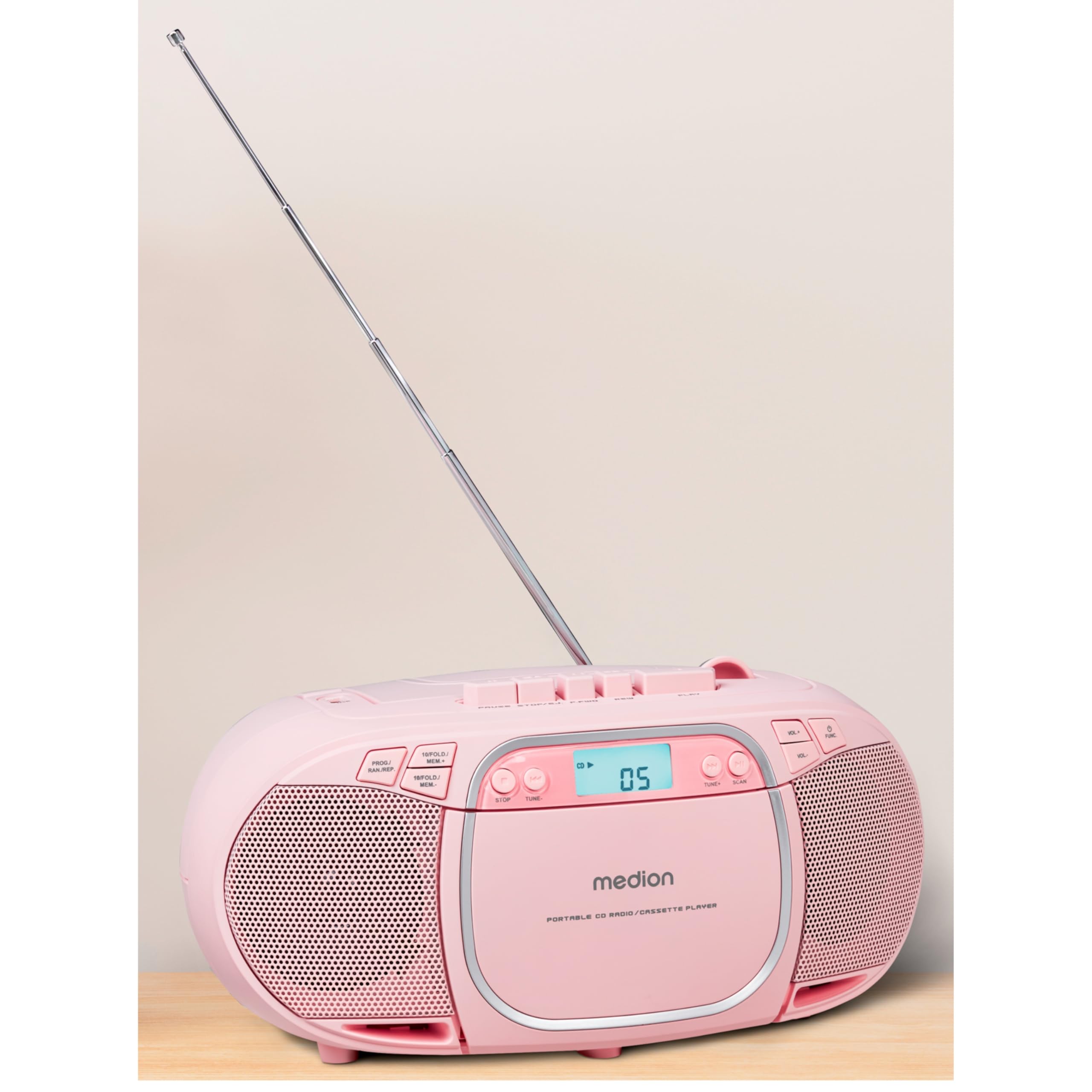 MEDION E66476 Stereo Sound System (Boombox, CD-Player, MP3, Kassette, tragbarer Kassettenspieler für Kinder, UKW Radio, AUX, Kopfhörer, Netz & Batterie) Pink