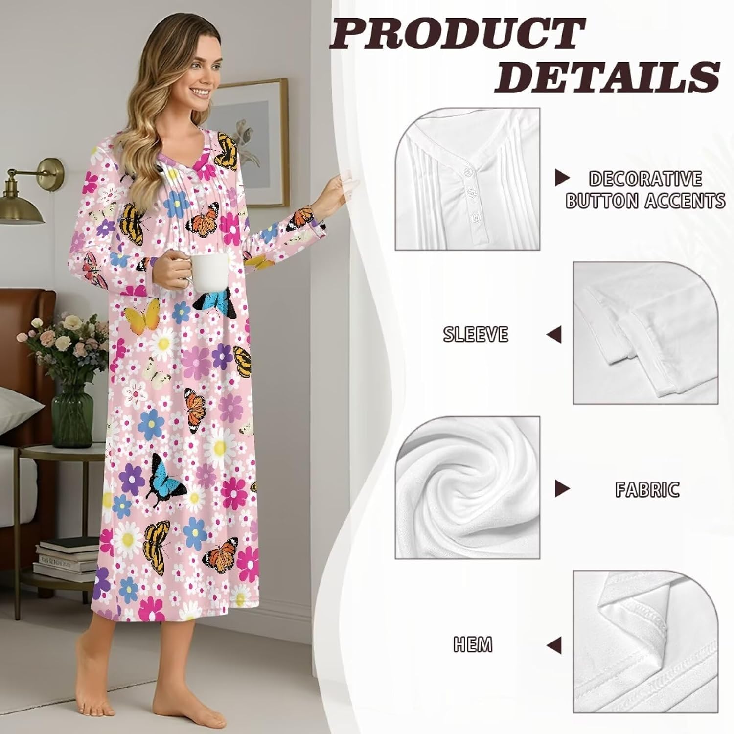 YEXIATODO Women's Button Down Nightgown Long Sleeve Nightdress Loose Fit Lounge Dress V-Neck Nightwear