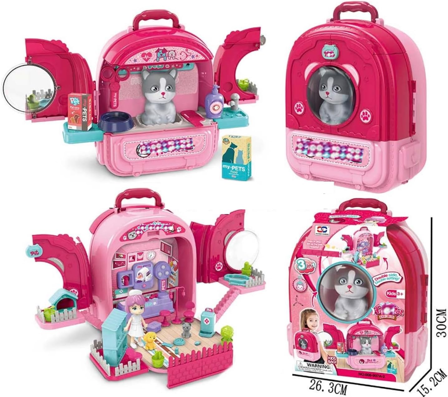 Pet Hospital Deluxe Set Backpack 3 in 1 for Girls Aged 3 to 7 Years, with Acrylic Window and pet & Accessories.