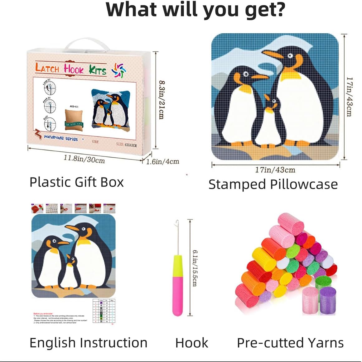 Latch Hook Pillow Kit for Adults with Cute Penguin Family Pattern DIY Crochet Craft Kit Pillowcase Cushion for Home Decor 17x17inch-3