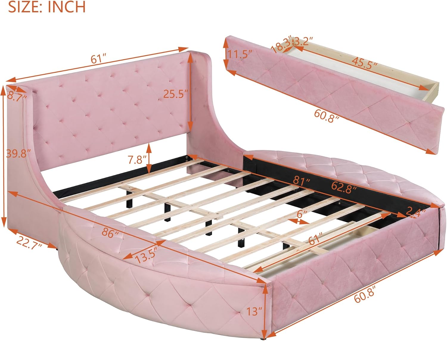 MERITLINE Queen Upholstered Platform Bed with Storage,Velvet Bed with Headboard,1 Big Drawer,2 Side Storage Stool and Slats (Pink)