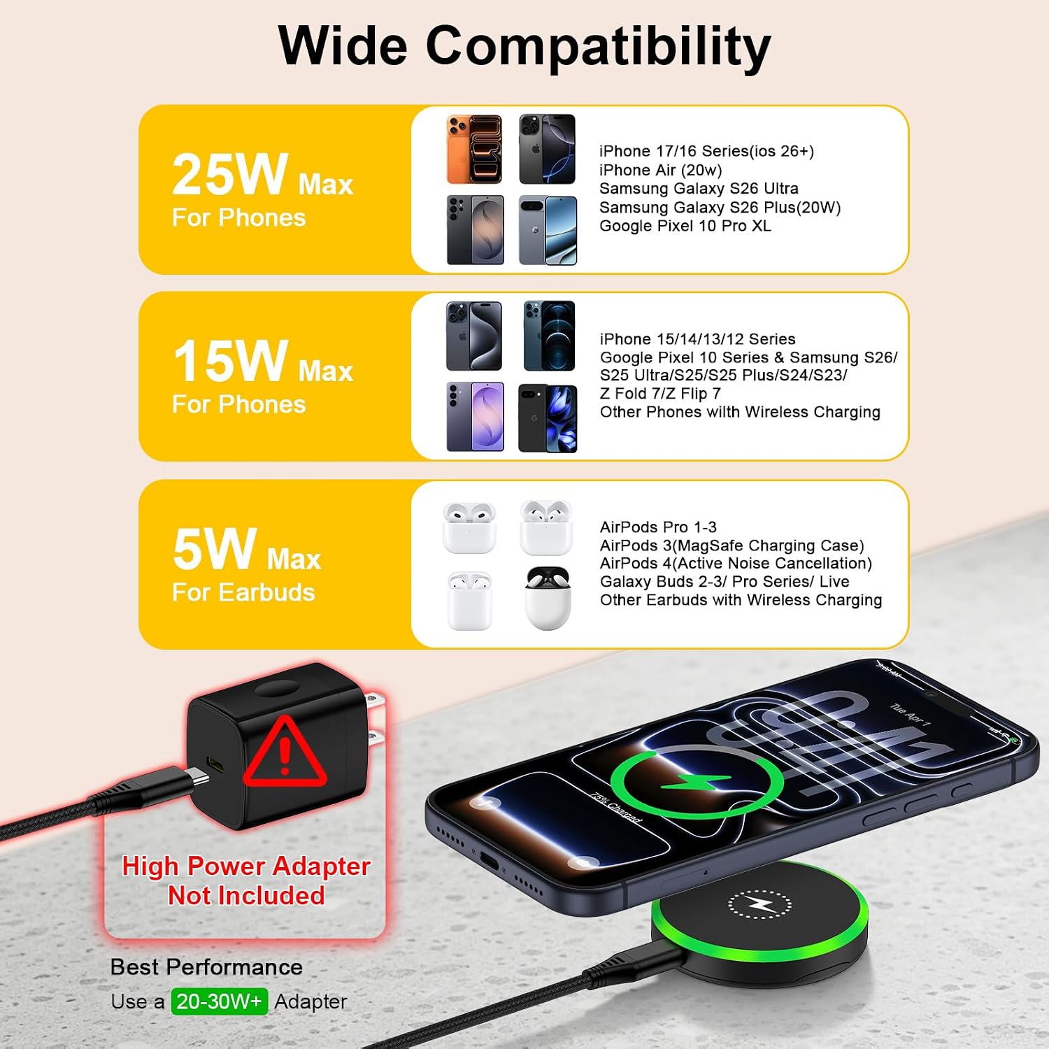 25W Magnetic Wireless Charger Pad for Samsung Galaxy S26 Ultra S26+ S26 S25 Ultra S24 FE S23,MagSafe Charger Station Magnet Wireless Super Fast Charging for iPhone 17 Pro Max 16,Google Pixel 10 Pro XL