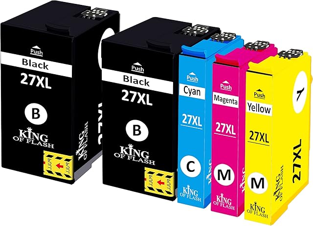 KING OF FLASH Ink Cartridges Replacement for Epson 27XL Use with Workforce WF-7720 WF-7210 WF-7710 WF-3620 WF-3640 WF-7110 WF-7610 WF-7620 WF-7715 (1 Set & 1 Black)
