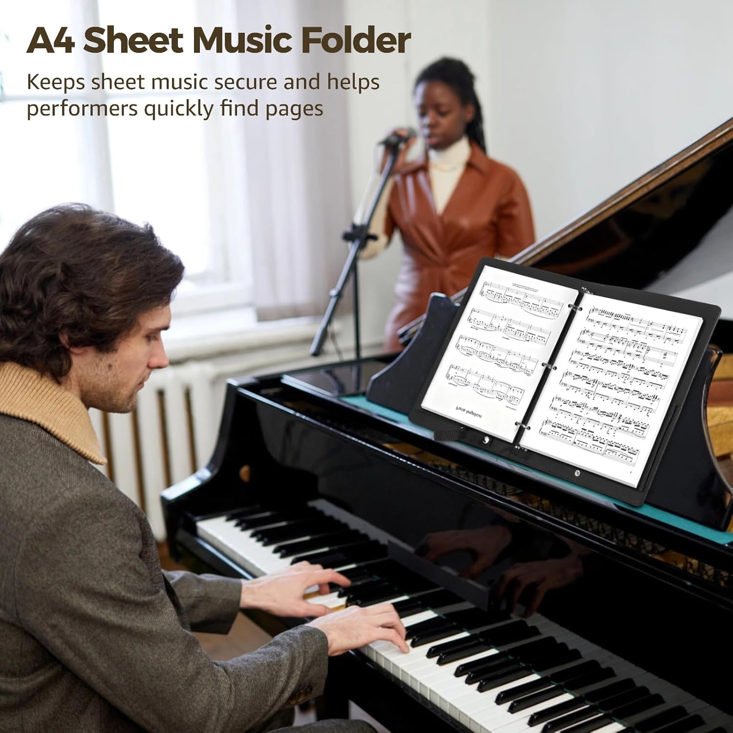 Choir Folder, PU Leather 3 Ring Choral Muisc Folder with Hand Strap, 13"X9.6" Sheet Music Folder, Music Binder for Piano Particle and Stage Performance