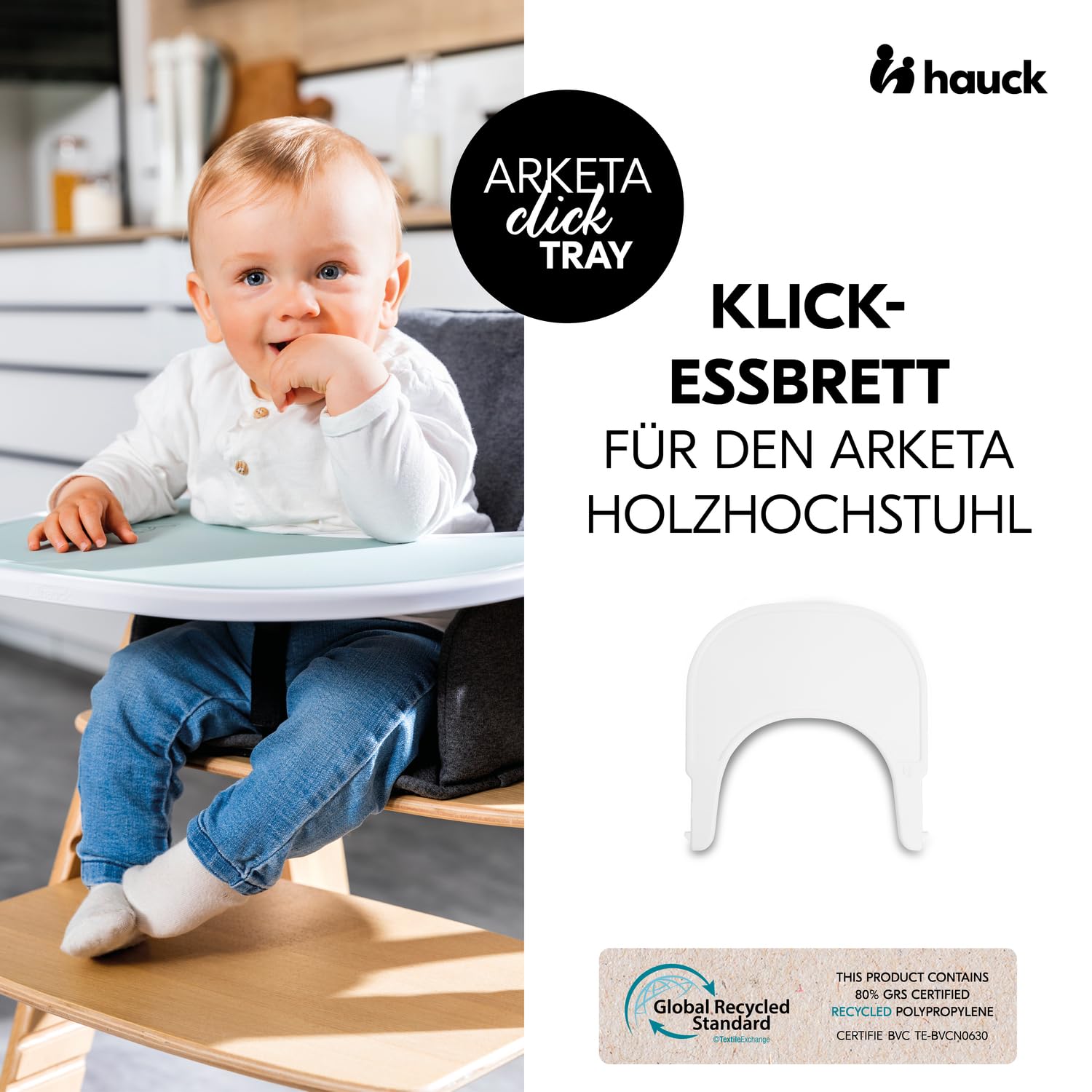 hauck Hochstuhl Tablett zum Aufklicken, Weiß - Kompatibel mit Arketa Kinderhochstuhl - Zubehör ab 6 Monaten - Gefertig aus Recyceltem Kunststoff - Schnell Befestigt - Leicht zu Reinigen