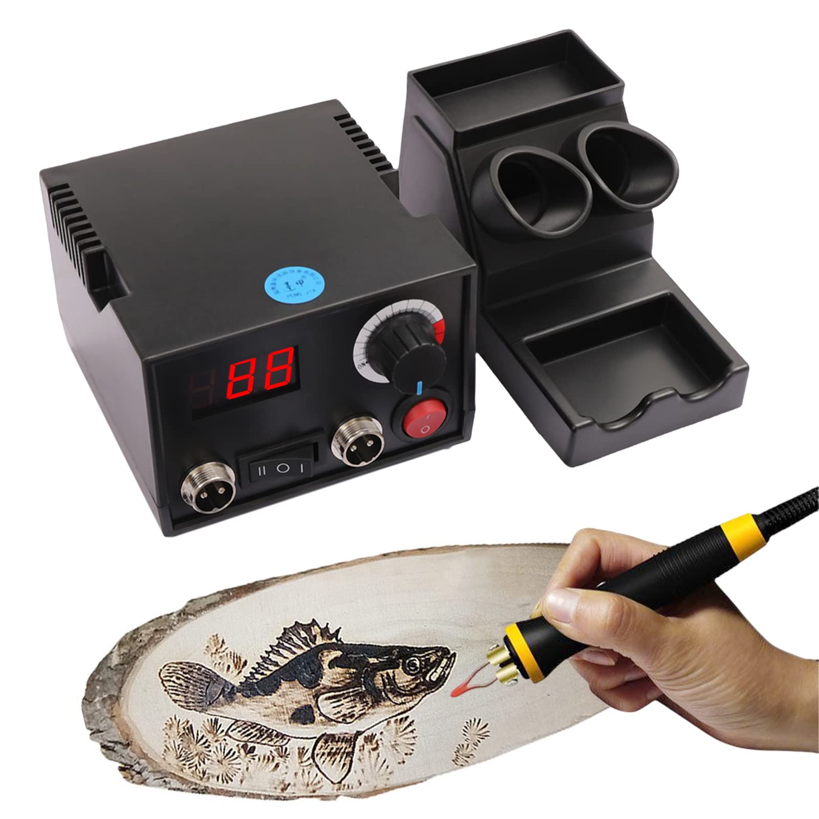 Máquina de pirografía con 2 pines, juego de quemadores de madera de 60 W, temperatura ajustable, máquina de combustión de madera con 20 puntas de alambre de pirografía para madera, cuero, calabaza