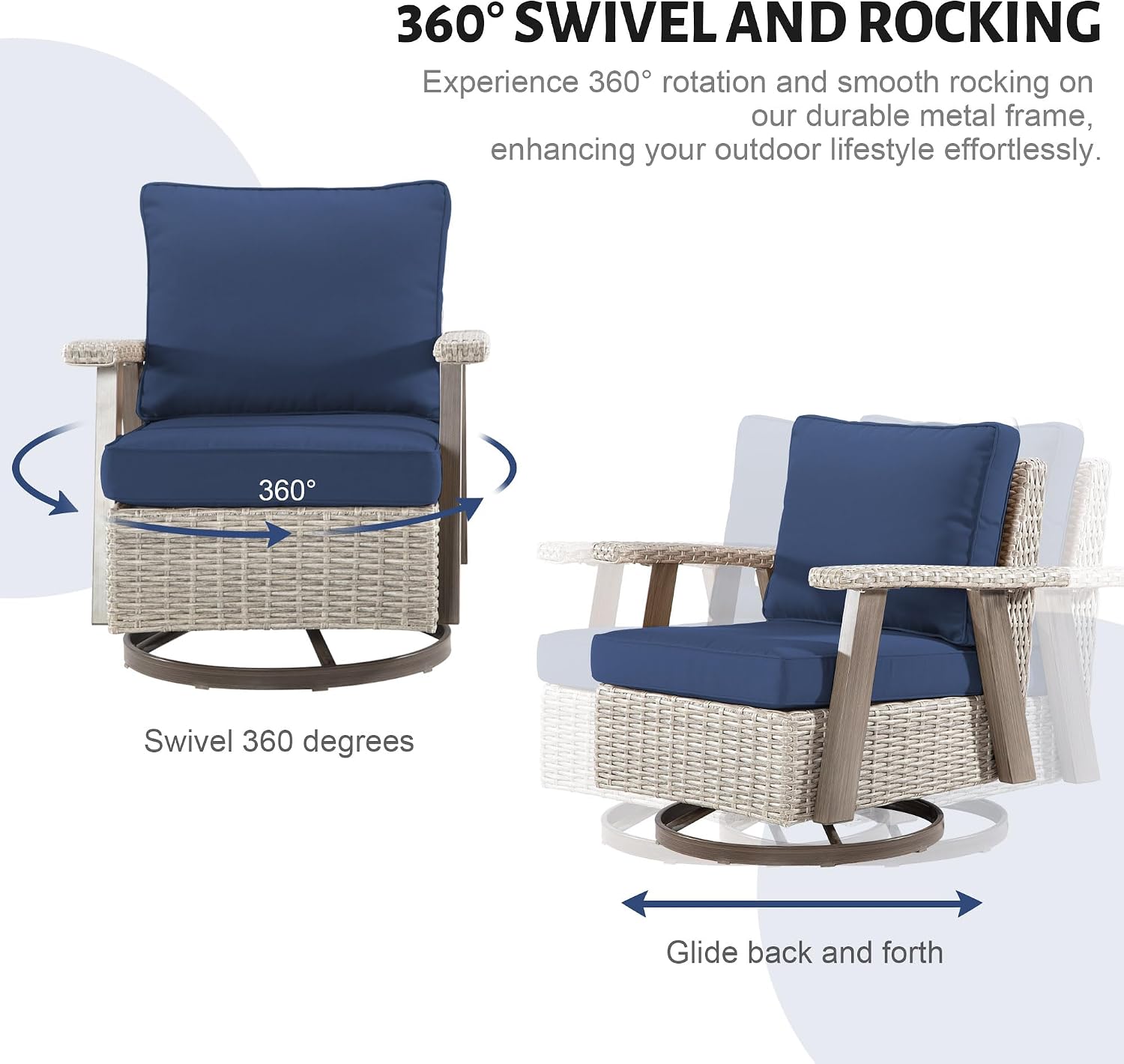 2 Pieces Patio Furniture Set, 2 High Back Rattan Glider Swivel Chairs, Outdoor PE Wicker Furniture, All Weather Patio Set with Waterproof Cushion for Porch, Backyard and Deck