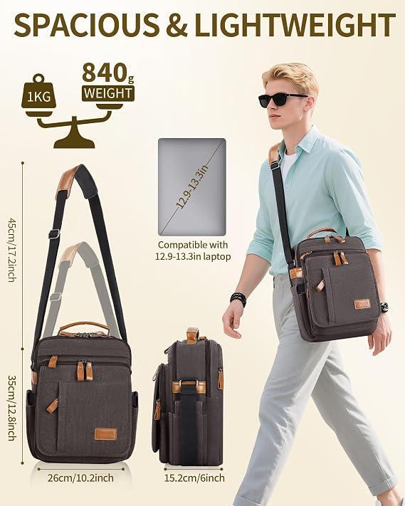 ESTARER 13-13.3 Laptop Bag for Men, Vertical Crossbody Bag for 13-13.6'' Mac neo/air/pro Messenger Shoulder Bag Water-resistant Canvas