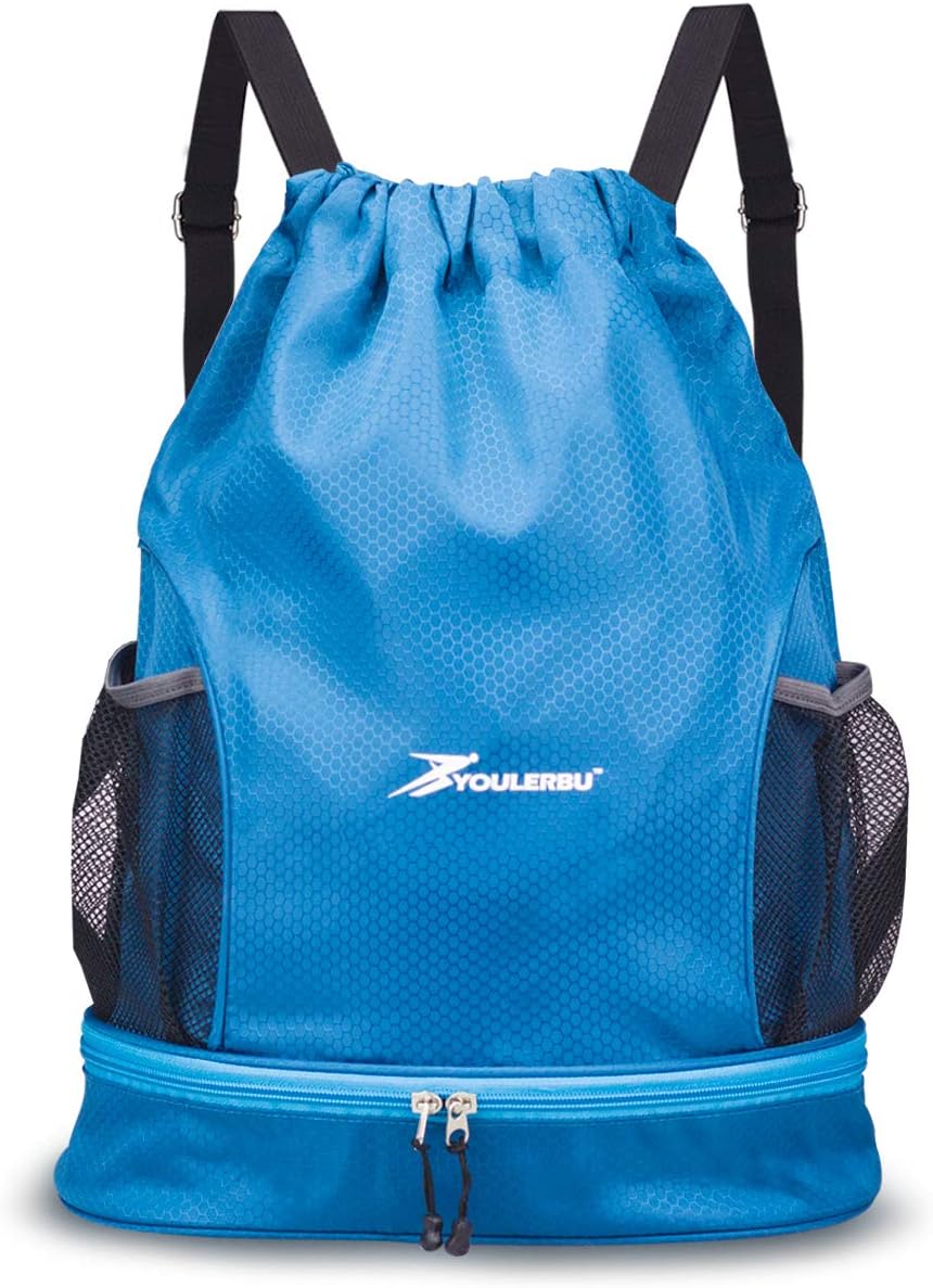 Dry Wet Drawstring Backpack Bag with Shoe Compartment Sackpack Heavy Duty String Bag Sports Gymsack Swim Beach Bag Blue