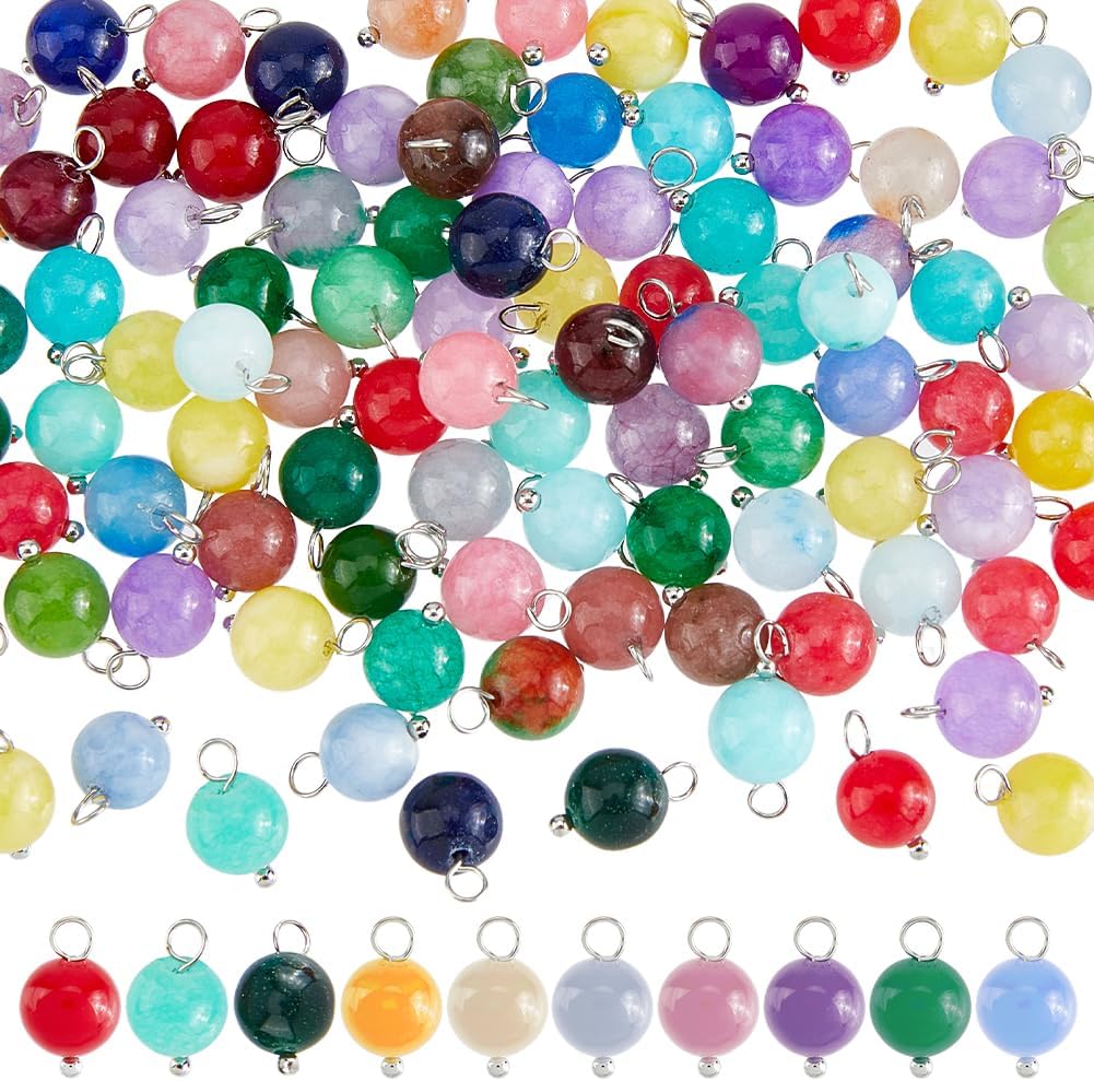 SUPERFINDINGS 100Pcs Random Color Natural Round Gemstone Charms Faceted Round Chakra Charms with Platinum Loops Crystal Stone Pendants for DIY Bracelet Necklace Jewelry Findings