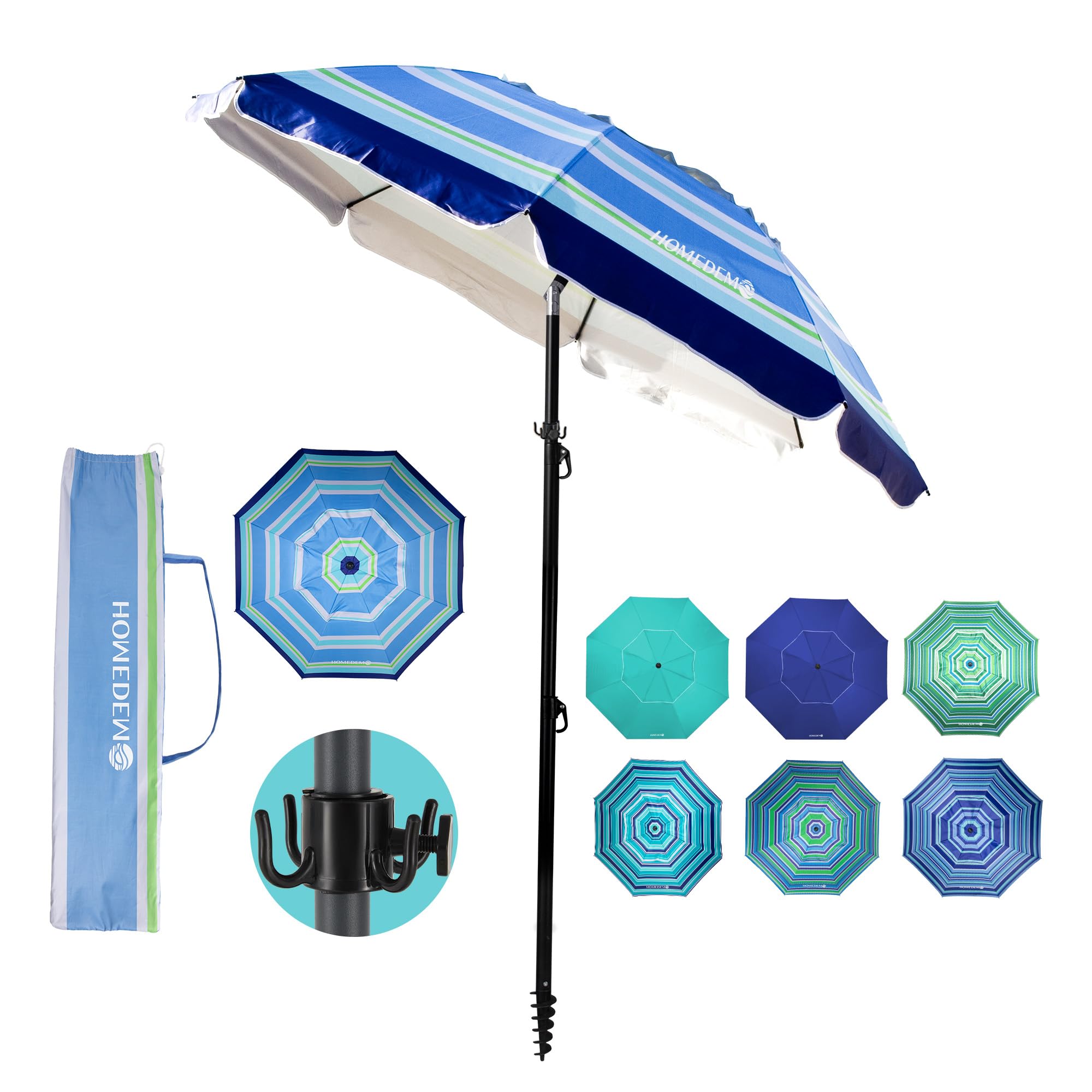 7ft Beach Umbrellas For Sand Heavy Duty Wind, Portable Beach Umbrella UPF 50+ Windproof Outdoor Beach Umbrella with Sand Anchor, Tilt Pole, Carry Bag, Vent and Hook Lightweight