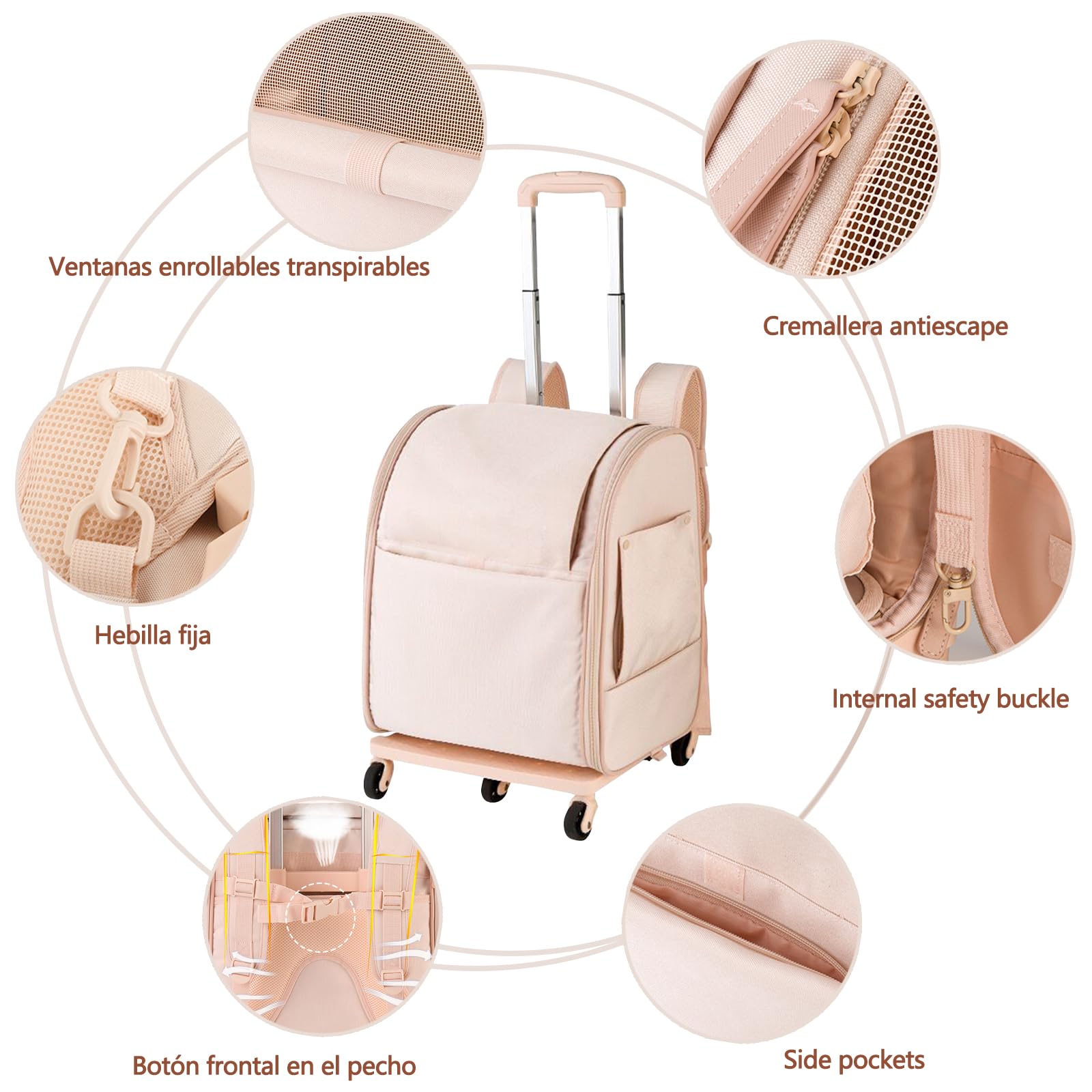 Galatée Mochila para Perros con Ruedas, Cochecito para Mascotas con Ventanas De Ventilación De Malla, Mochila Cómoda para Gatos, Ideal para Viajes, Senderismo y Uso Al Aire Libre(Rosa)