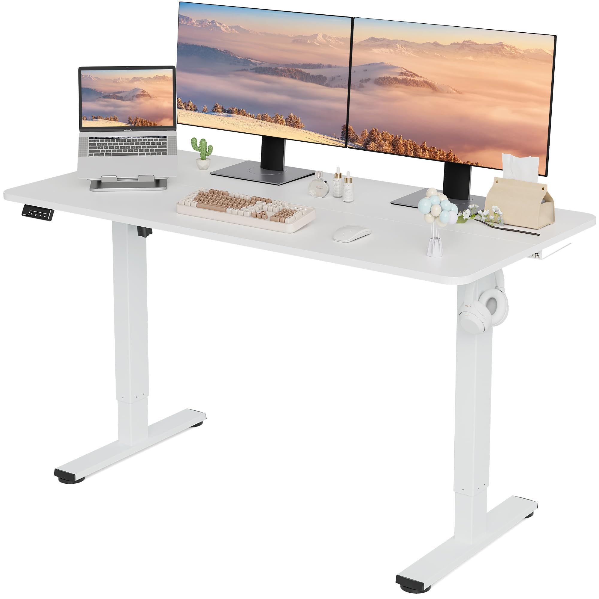 Electric Standing Desk - Ergonomic Adjustable Height - 55x24 Inches Sit Stand Desktop for Home Office - Memory Preset Fe