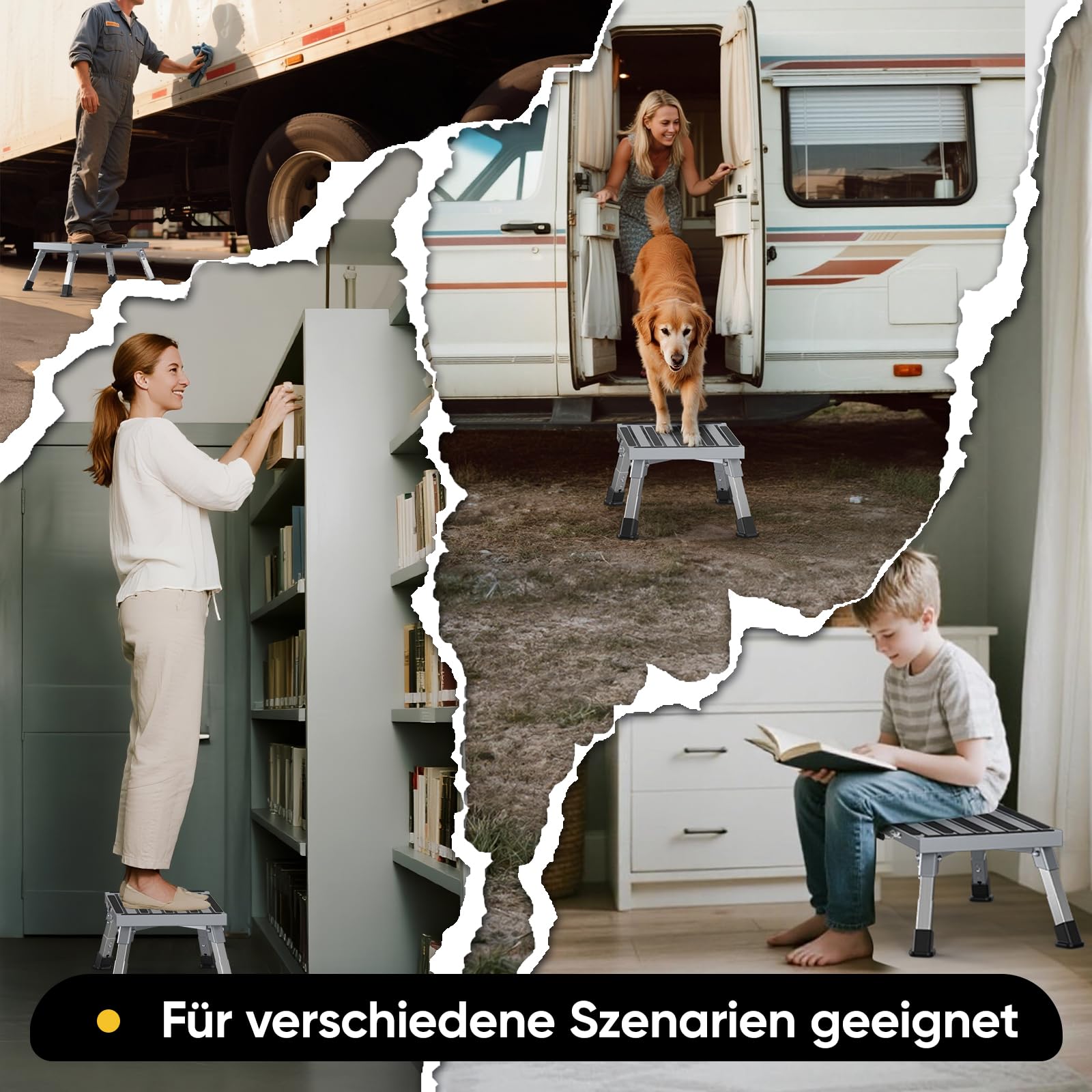 Klapptritt Trittstufe mit Griff, 4-stufige Höhenverstellbarer Tritthocker, 350kg Belastung und Anti-Rutsch, für Wohnmobile, Garten, Camping