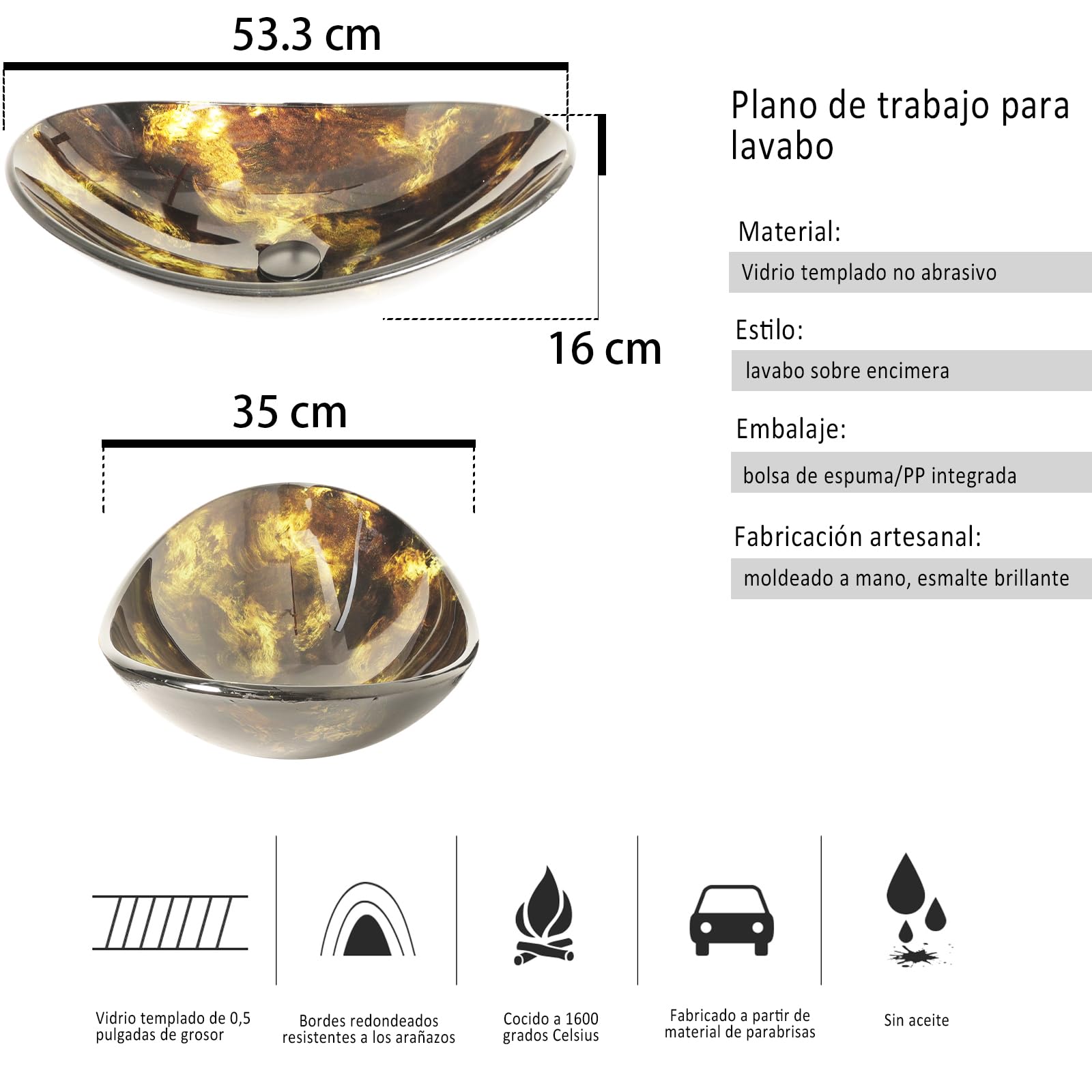 YU YUSING Lavabo Ovalado de Vidrio con Grifo sobre Encimera para Baño, Cocina y Aseo, Moderno Dorado Brillante, 53,3 x 35 x 16 cm