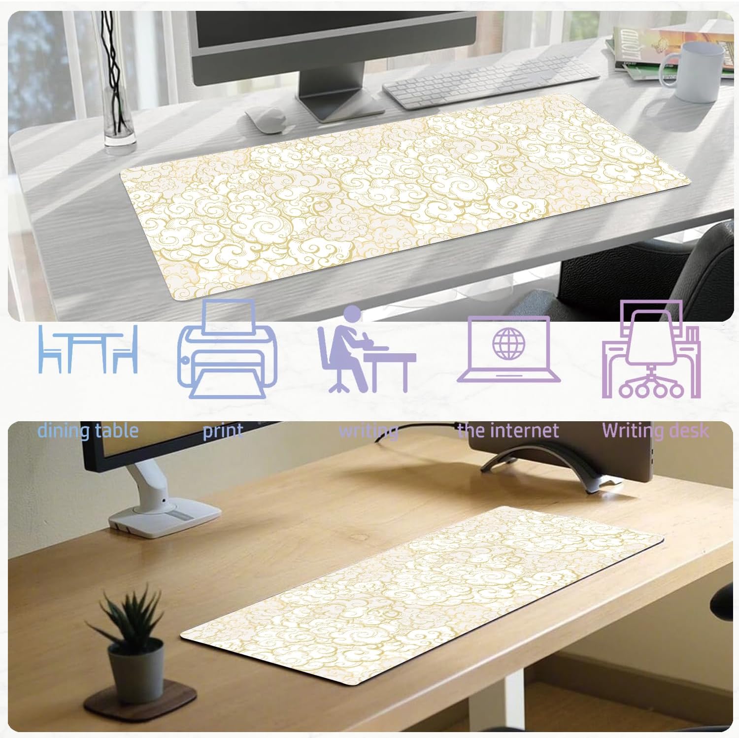 Japanese Clouds Mouse Pads 35.4x15.7inch Large Desk Mat with Stitched Edges,Non-Slip Rubber Base Extended Gaming Mouse Mat for Office,Big Computer Keyboard Desk Pad XXL Beige - Image 3