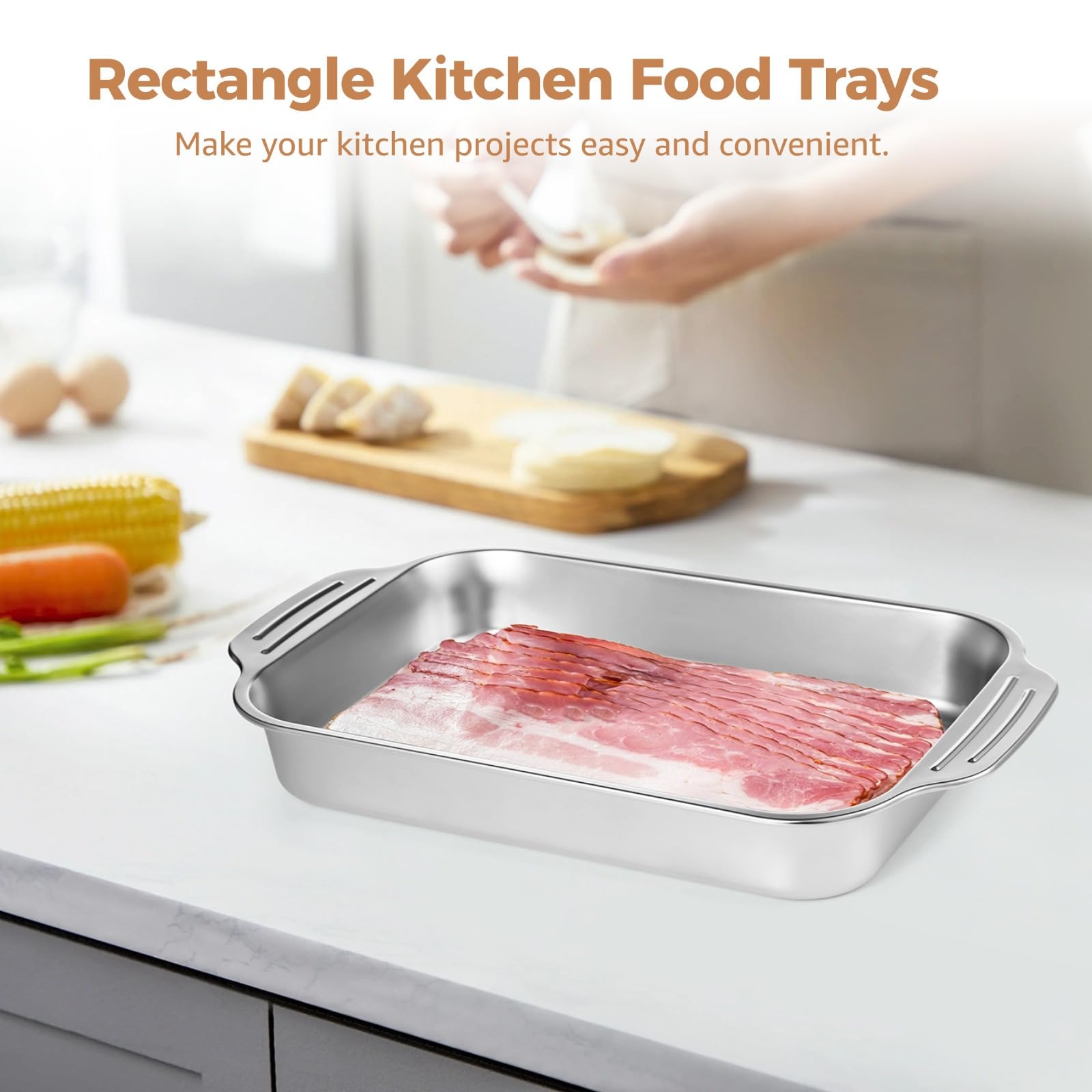 2 teglie rettangolari per torte, con doppio manico, antiaderenti, in acciaio inox, per verdure, carne, pane