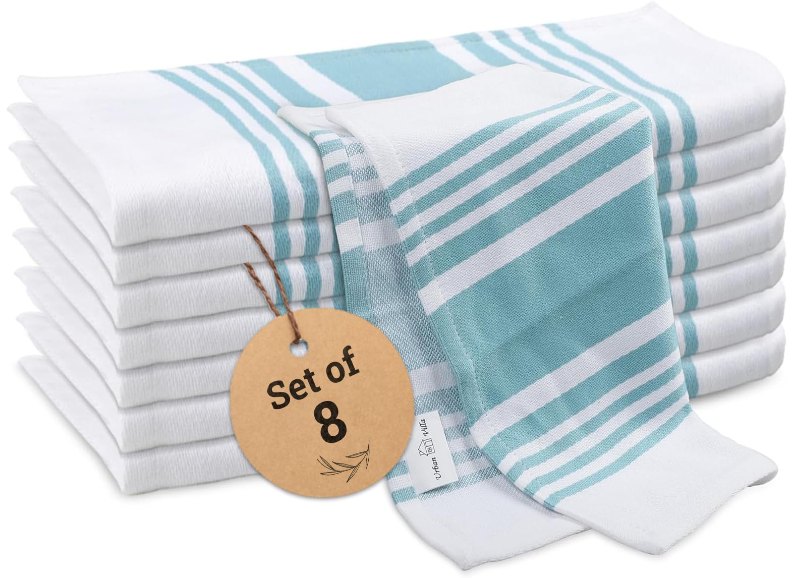 Urban Villa Dish Cloths Set of 8 Aqua White 12X12 Inch Inches Dish Cloths for Kitchen Highly Absorbent 100% Cotton OverSized Dish Cloths With Mitered Corners Kitchen Hand Tea Towels
