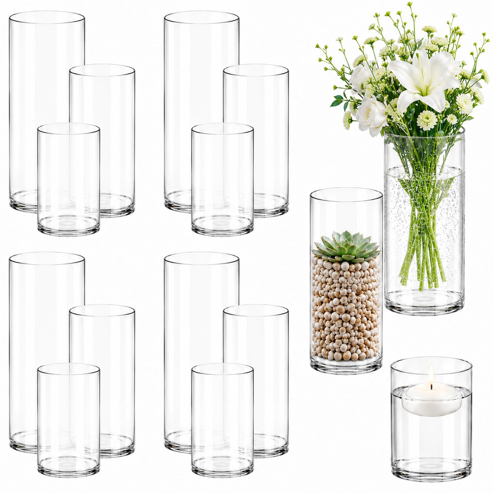 Photo 1 of 12-Pack Clear Plastic Cylinder Vases (4", 6", 8") – Shatter-Resistant Decorative Centerpiece Vases for Flowers, Floating Candles, Weddings, Parties, Table Decorations