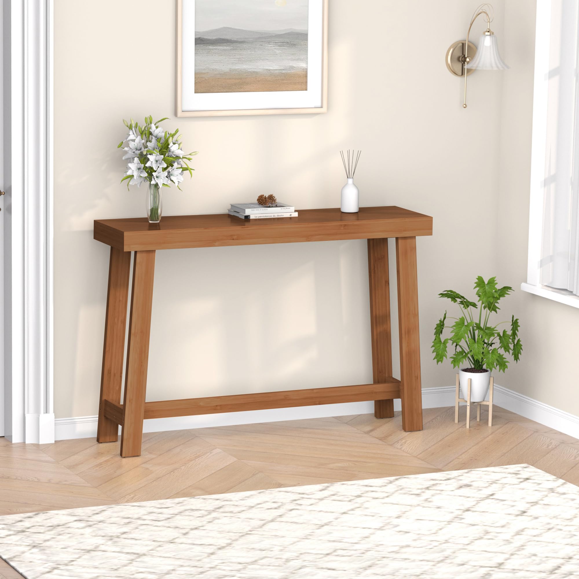 Bamboonova Bamboo Wood Entryway Table 47.2" Console Table, Narrow Sofa Table with Support Beam for Entrance, Hallway, Living Room, Bedroom, Foyer(