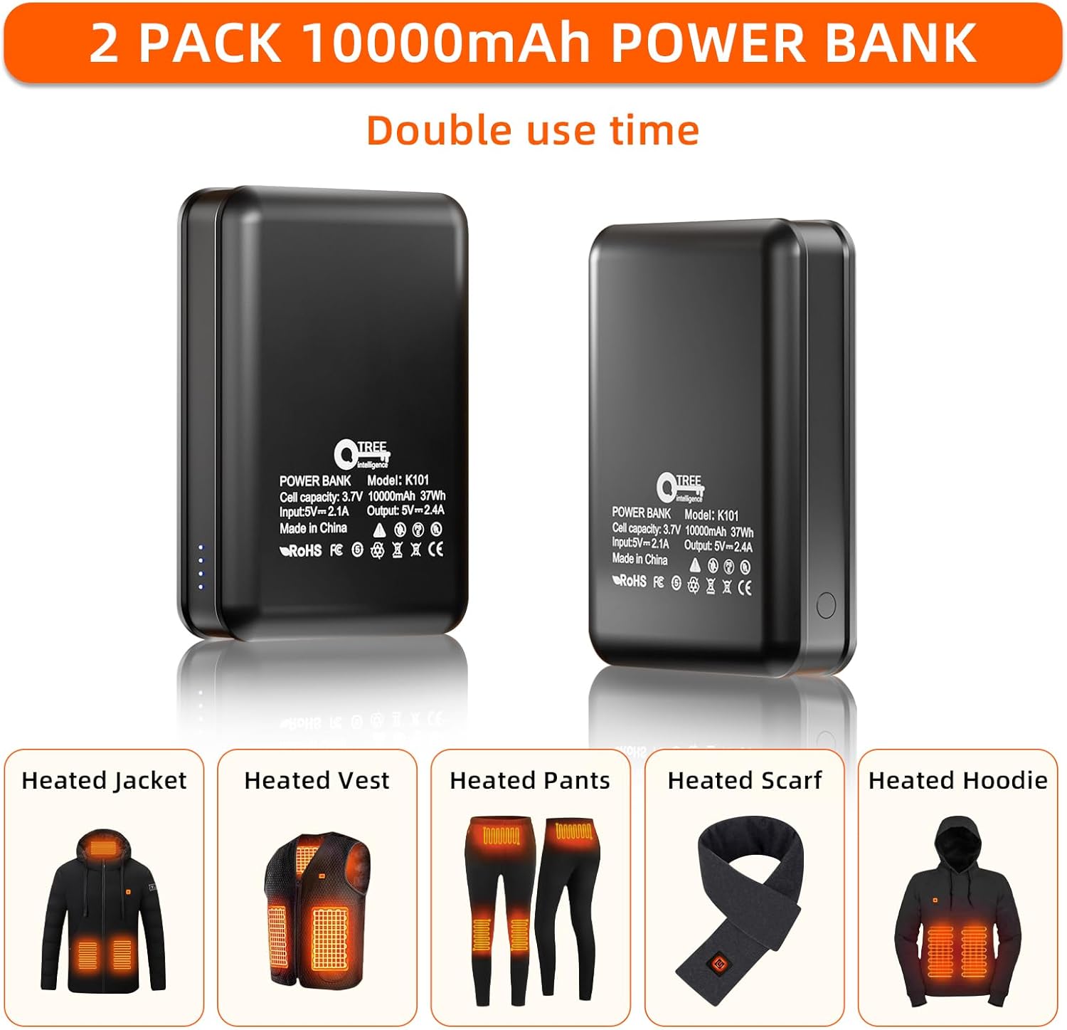 2 Pack 5V2.4A Power Bank for Heated Jacket Vest Underwear Pants, Portable 10000mAh Dual USB Output Ports Battery Pack for Smart Device - Image 3