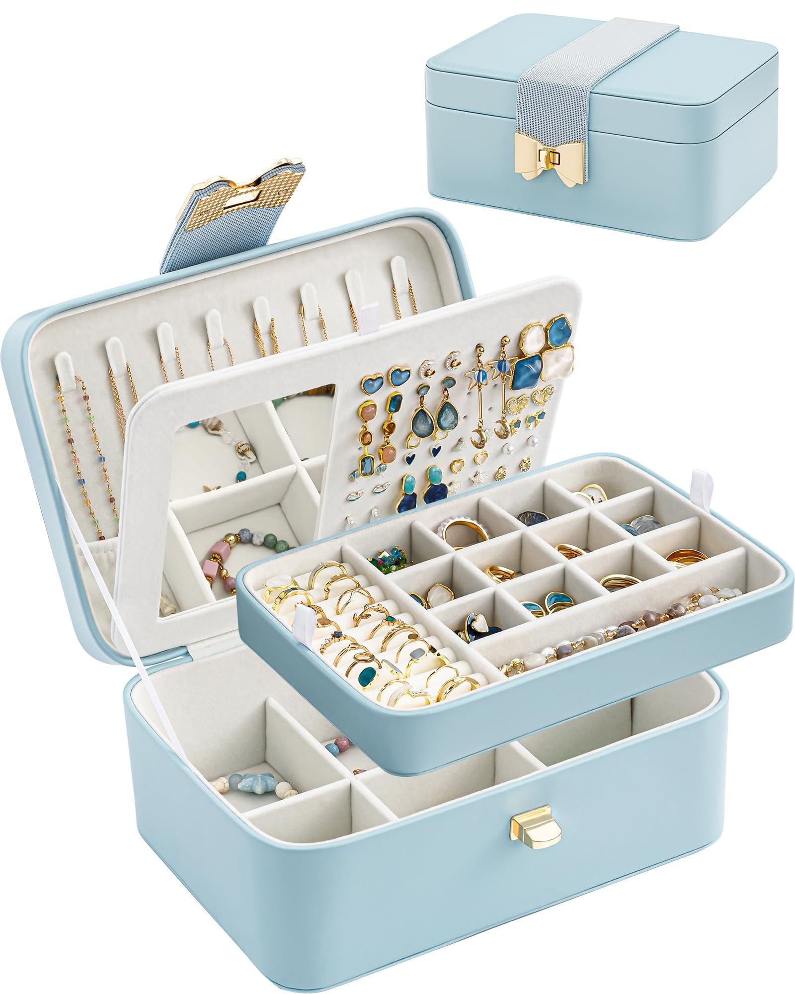Lolalet Boîte Bijoux Fille, Rangement Bijoux PU Cuir à 4 Couches avec Miroir, Range Bijoux pour Colliers, Boucles d'oreilles, Bracelets -Bleu