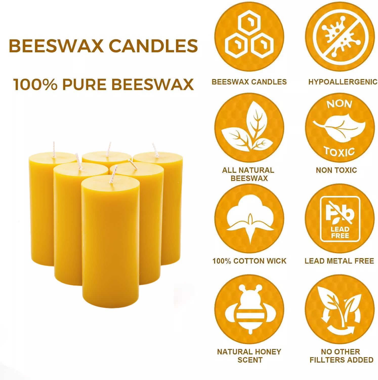 Velas de cera de abeja pura para el hogar, 2 x 4 pulgadas, tiempo de combustión de 28 horas, sin humo, juego de 6