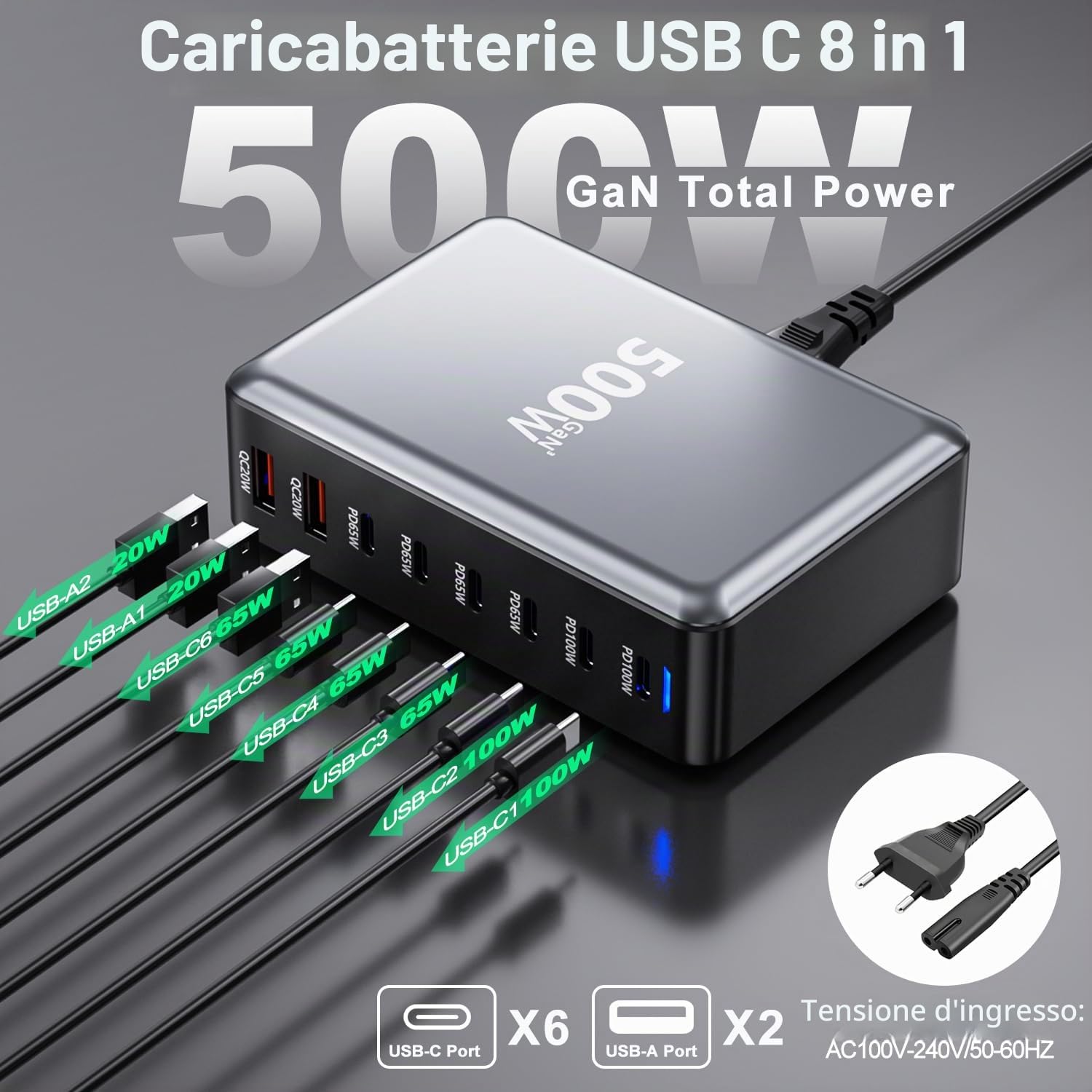 Caricabatterie USB C 500W, Caricatore Rapido 8 in 1 a Spine Multiple【2PD100W+4-PD65W+2QC3.0USBA】, Stazione di Ricarica Alimentatore GaN III PPS, Compatibile con MacBook Pro/Air/iPad/iPhone/Samsung
