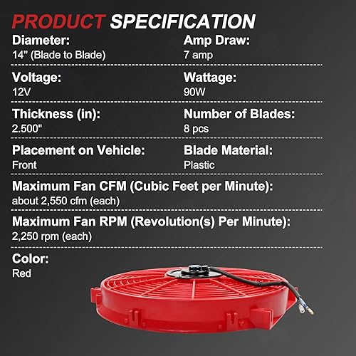 Vista 3 de JDMSPEED Nuevo 14 "pulgadas universal delgado ventilador push pull radiador eléctrico enfriamiento 12V kit rojo