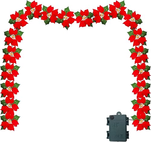 Miniatura 6 de Guirnalda de Pascua roja LED de Navidad con luces blancas cálidas de 14 pies, flores de Pascua artificiales para decoración navideña, temporizador